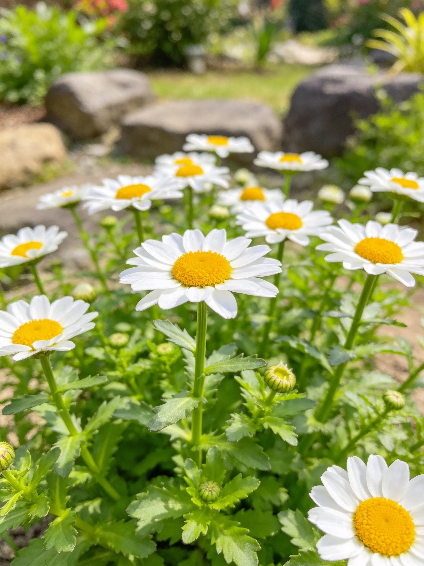 White daisies with yellow centers in a garden with rocks