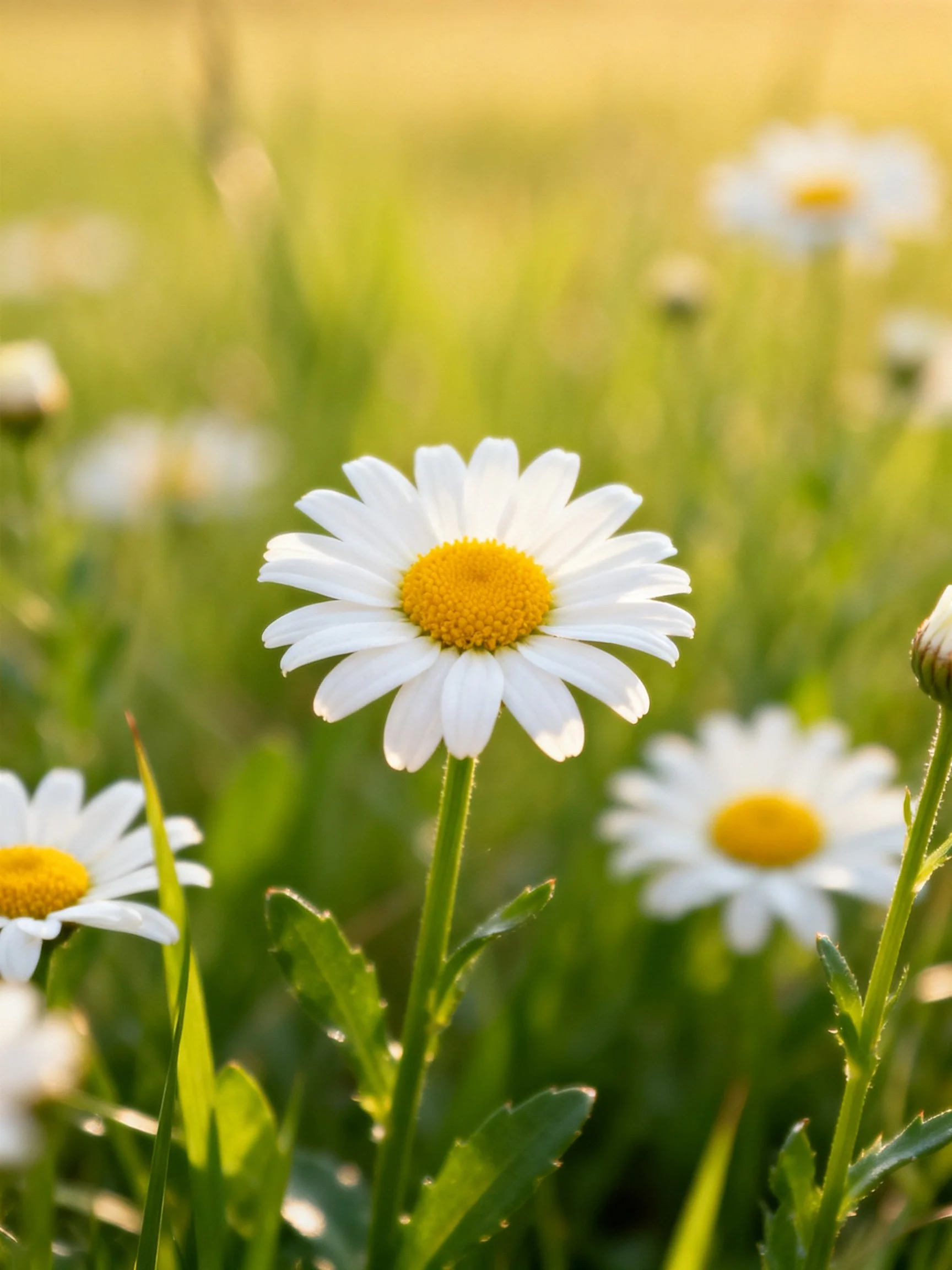 White daisies with yellow centers in a sunlit meadow