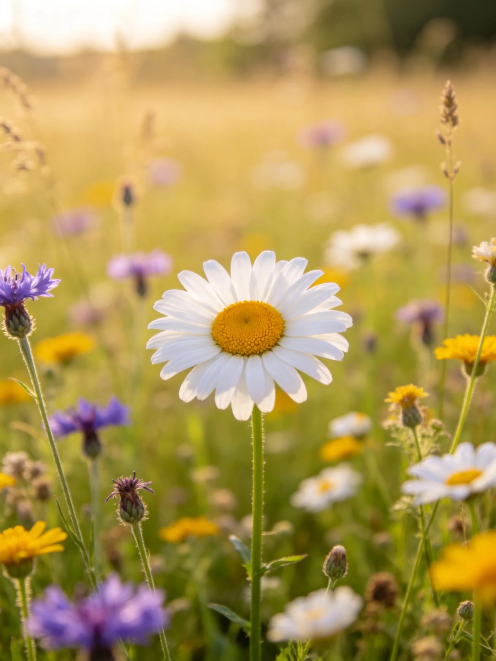 White daisy centered among colorful wildflowers in golden meadow