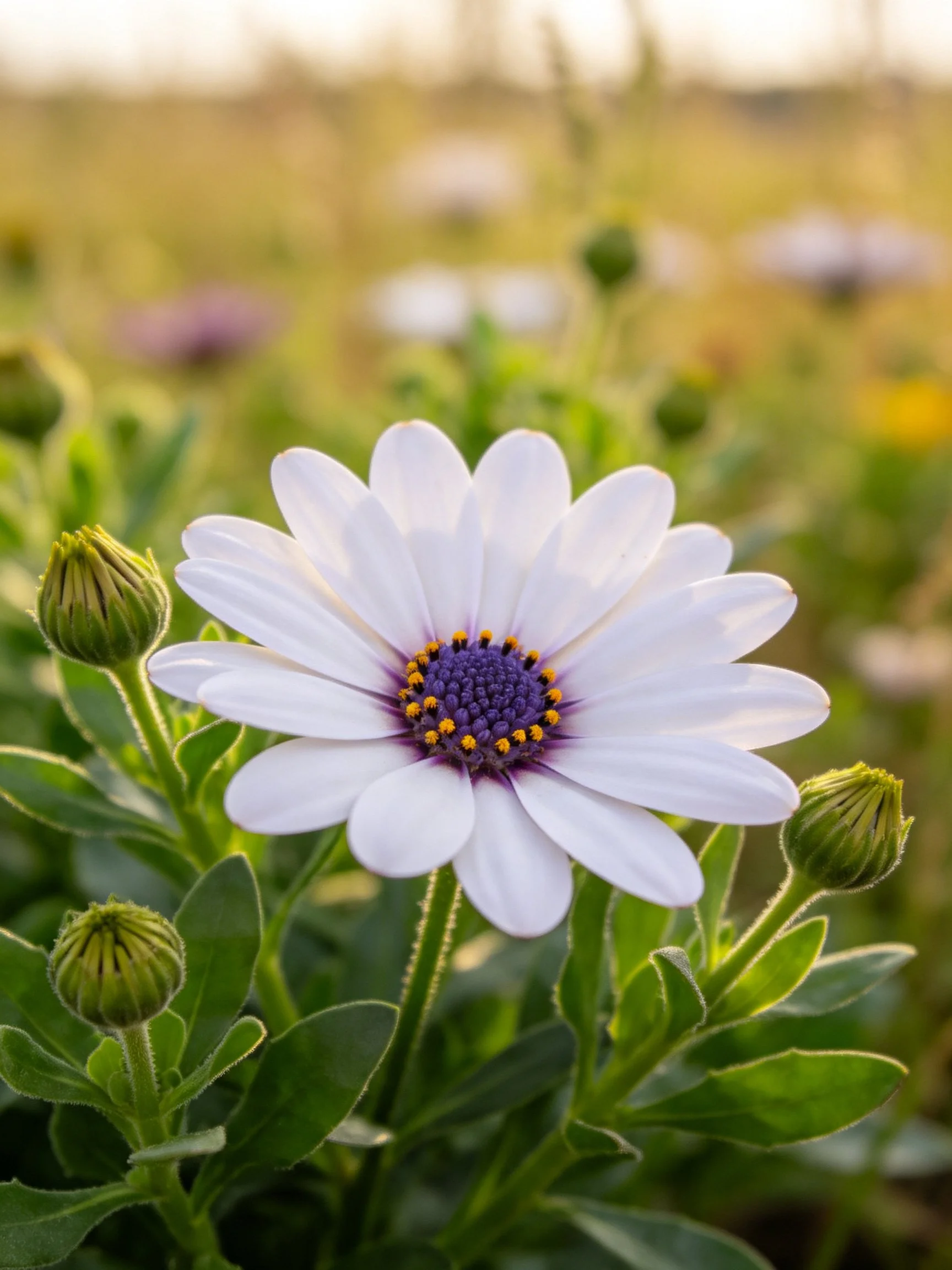 White daisy with purple center near green buds in natural setting