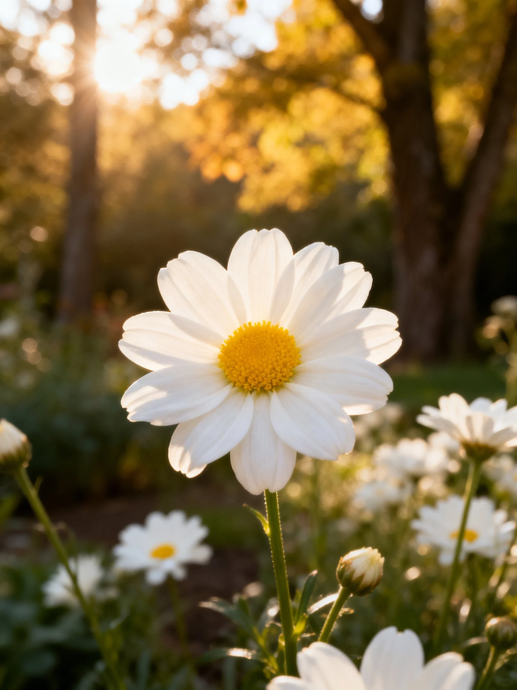 White daisy with yellow center amid blooming flowers under golden sunlight