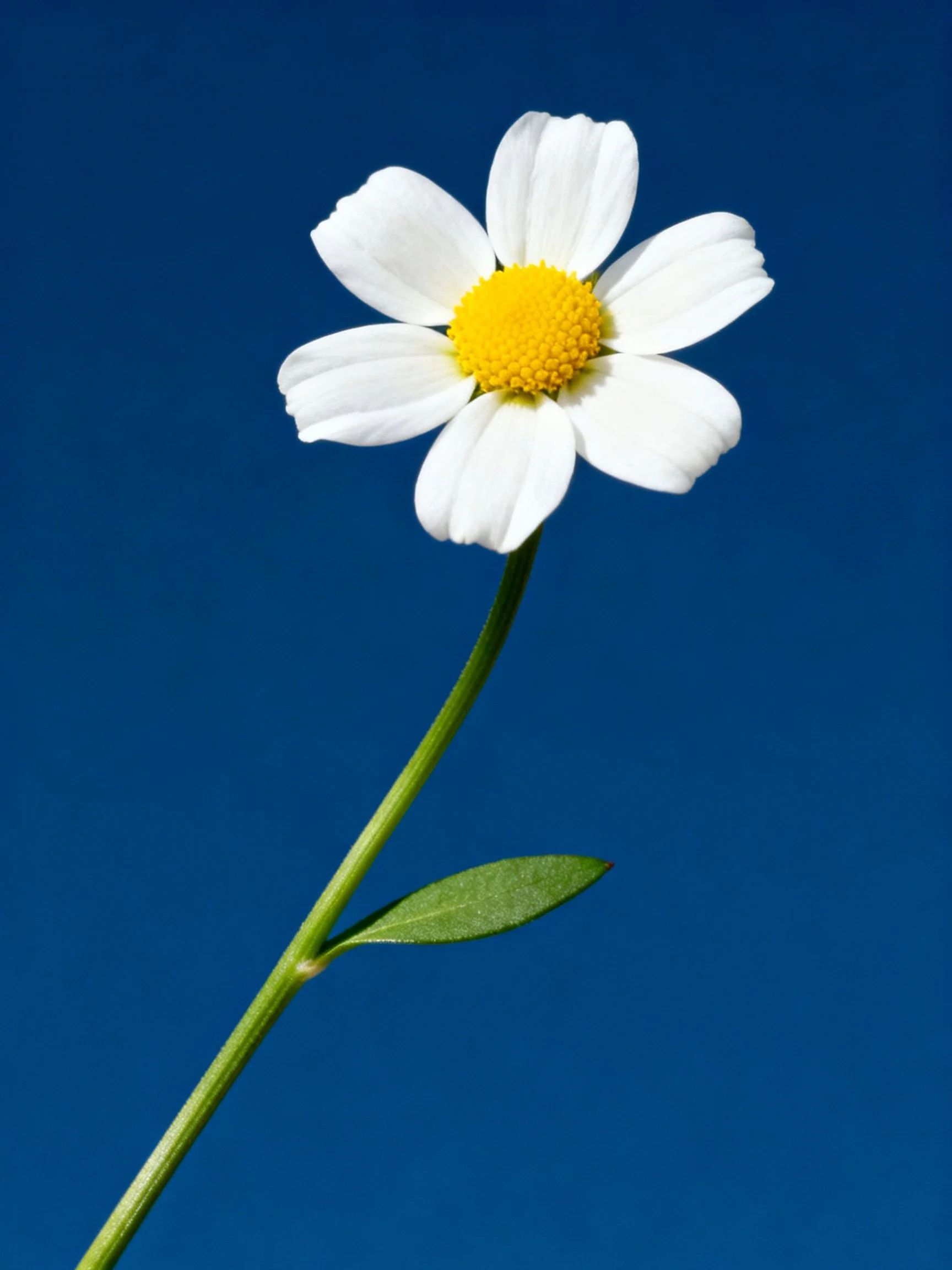 White daisy with yellow center, green stem, blue background