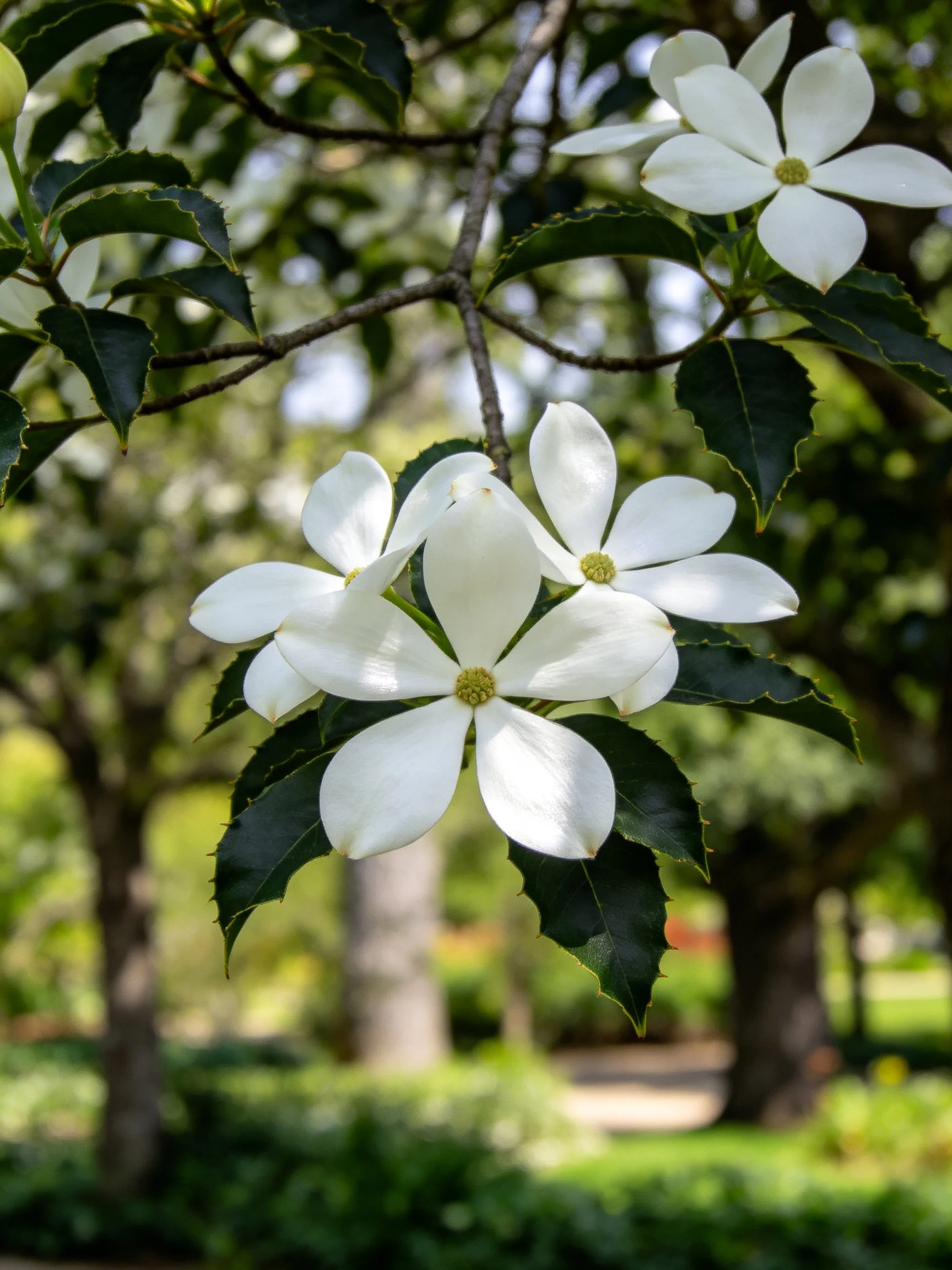 White dogwood blossoms with dark green foliage in a sunlit park