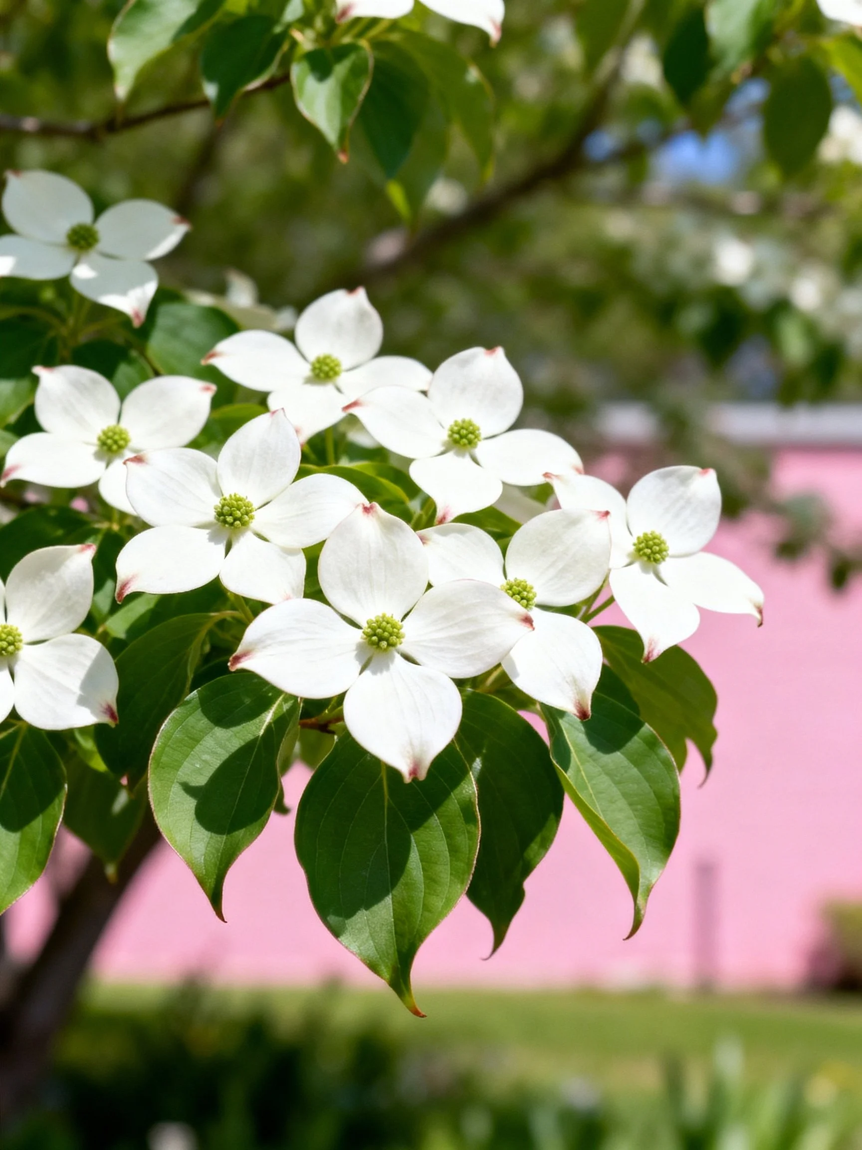 White dogwood flowers with green centers among green leaves near pink structure