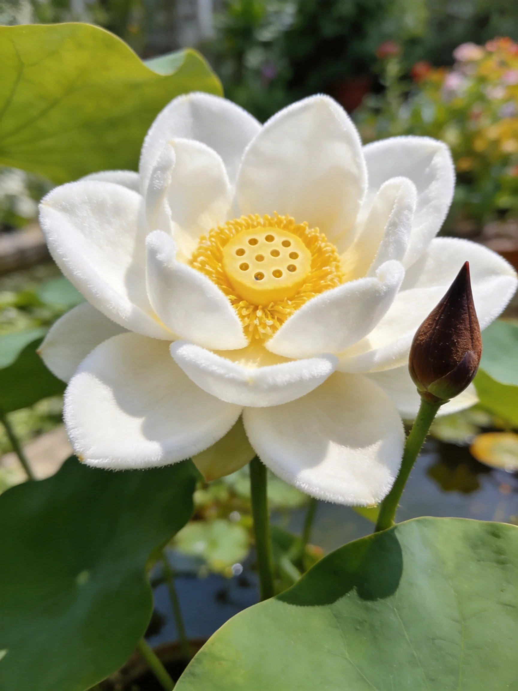 White felt lotus flower with yellow center and green leaves