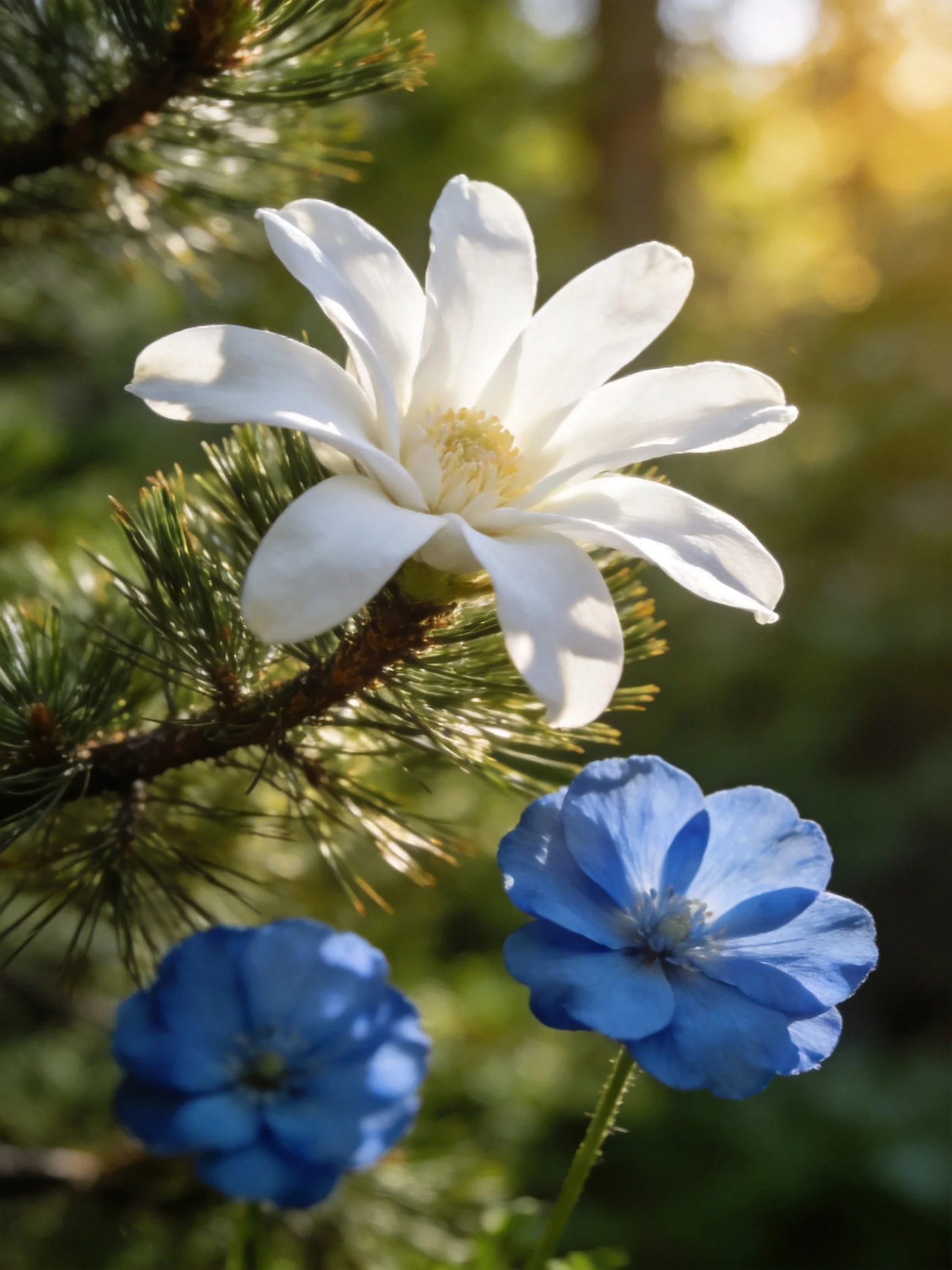 White flower and two blue blooms amid pine branches under sunlight