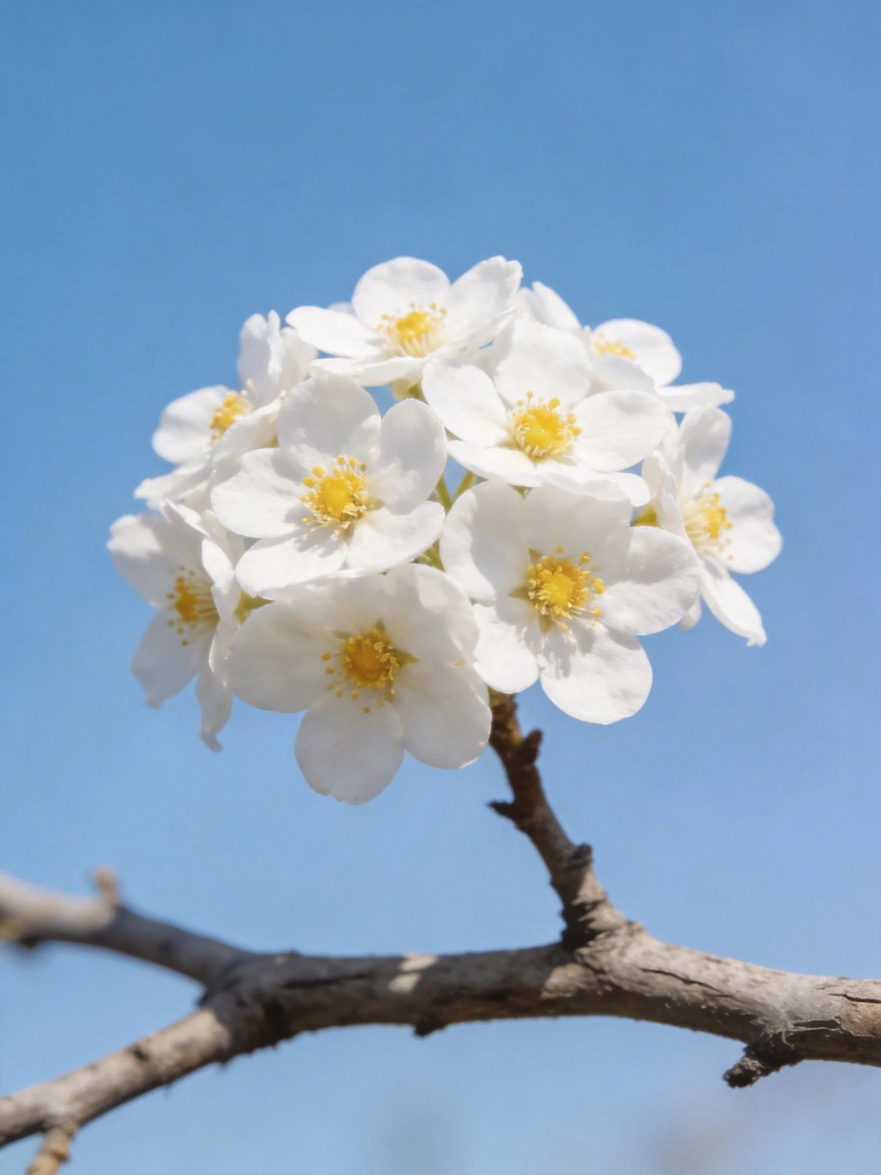 White flower cluster with yellow centers on a tree branch