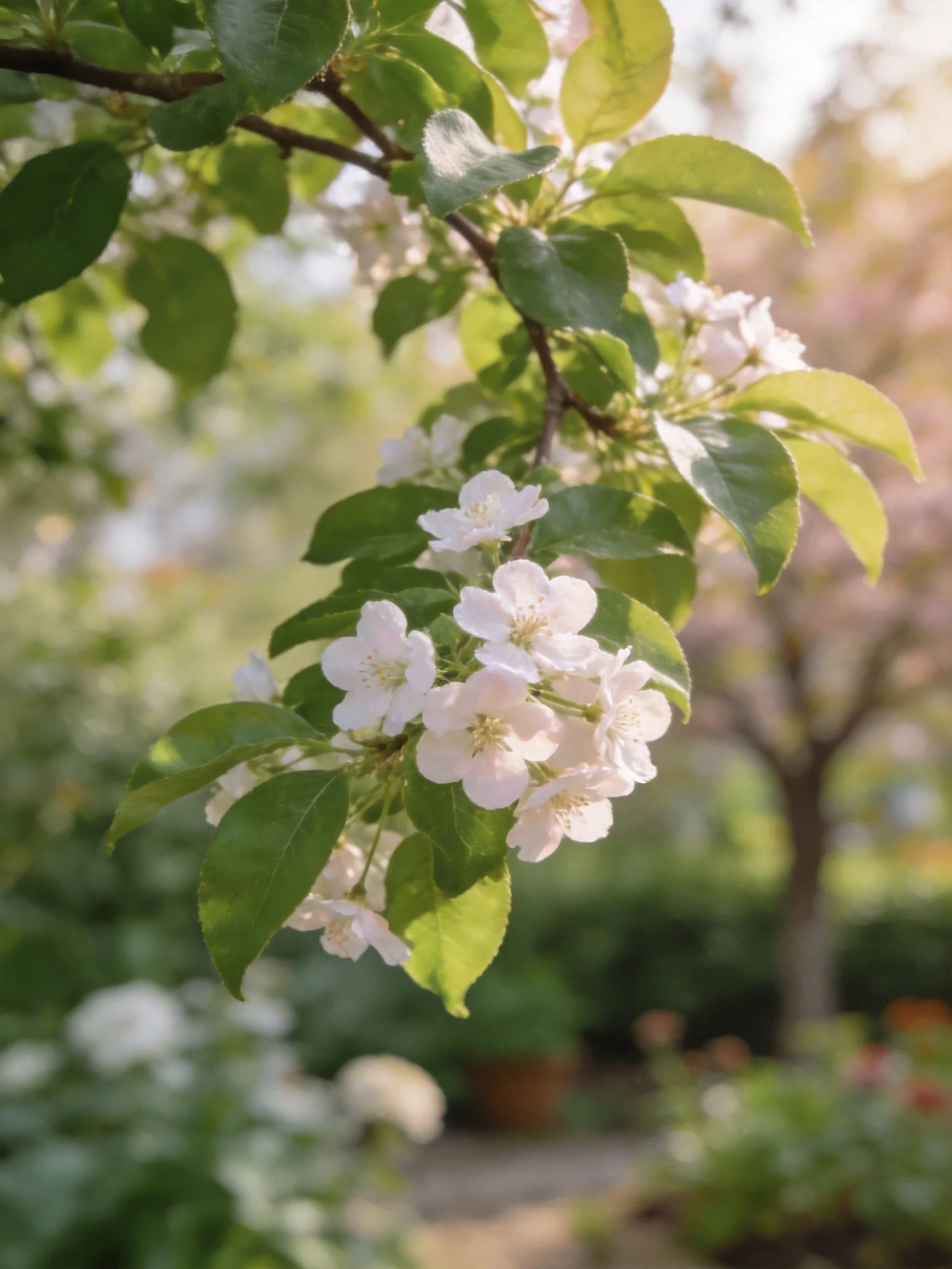 White flower clusters and vibrant green leaves on a blooming branch