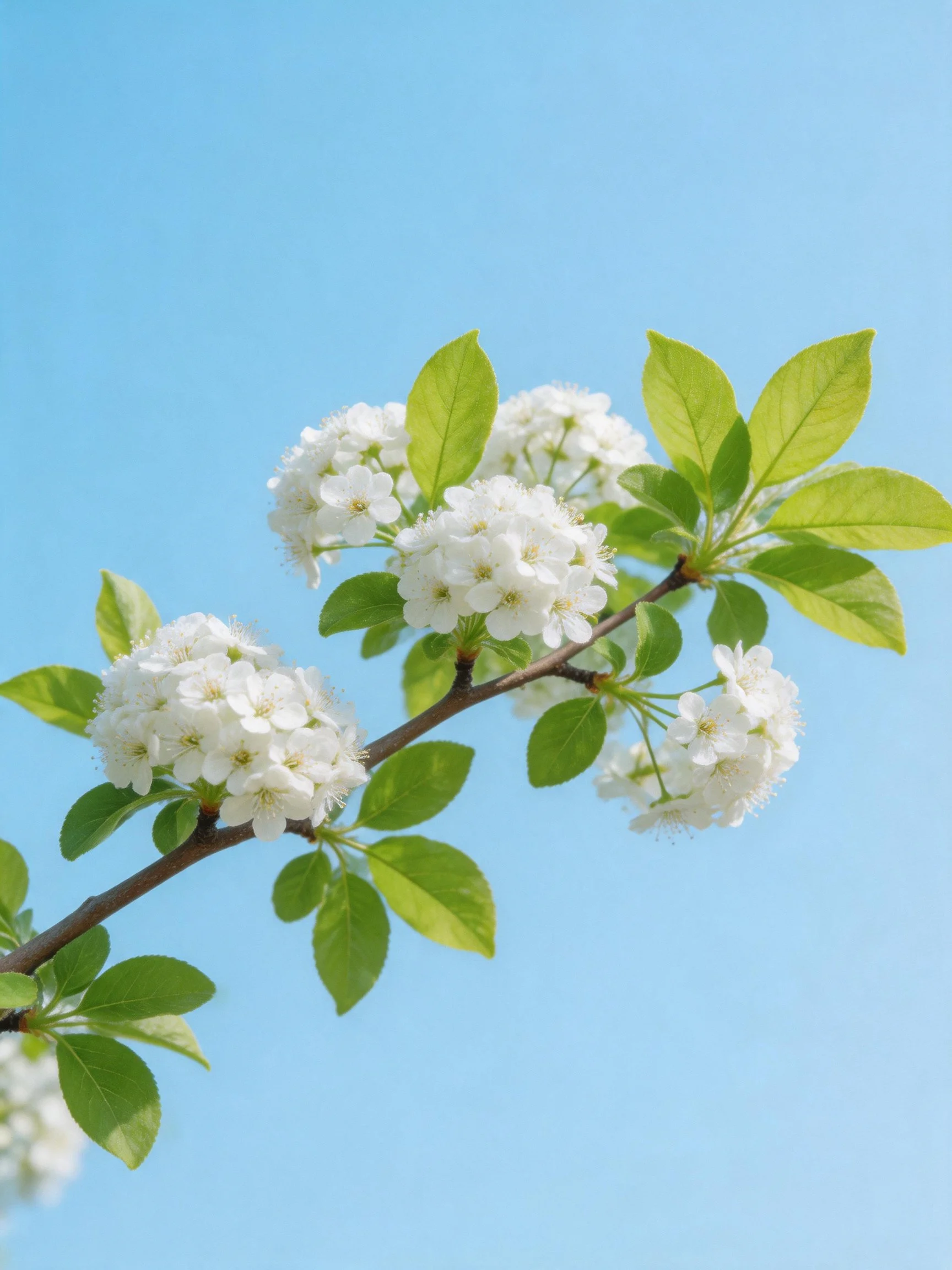 White flower clusters and vibrant green leaves on a branch against a clear blue sky