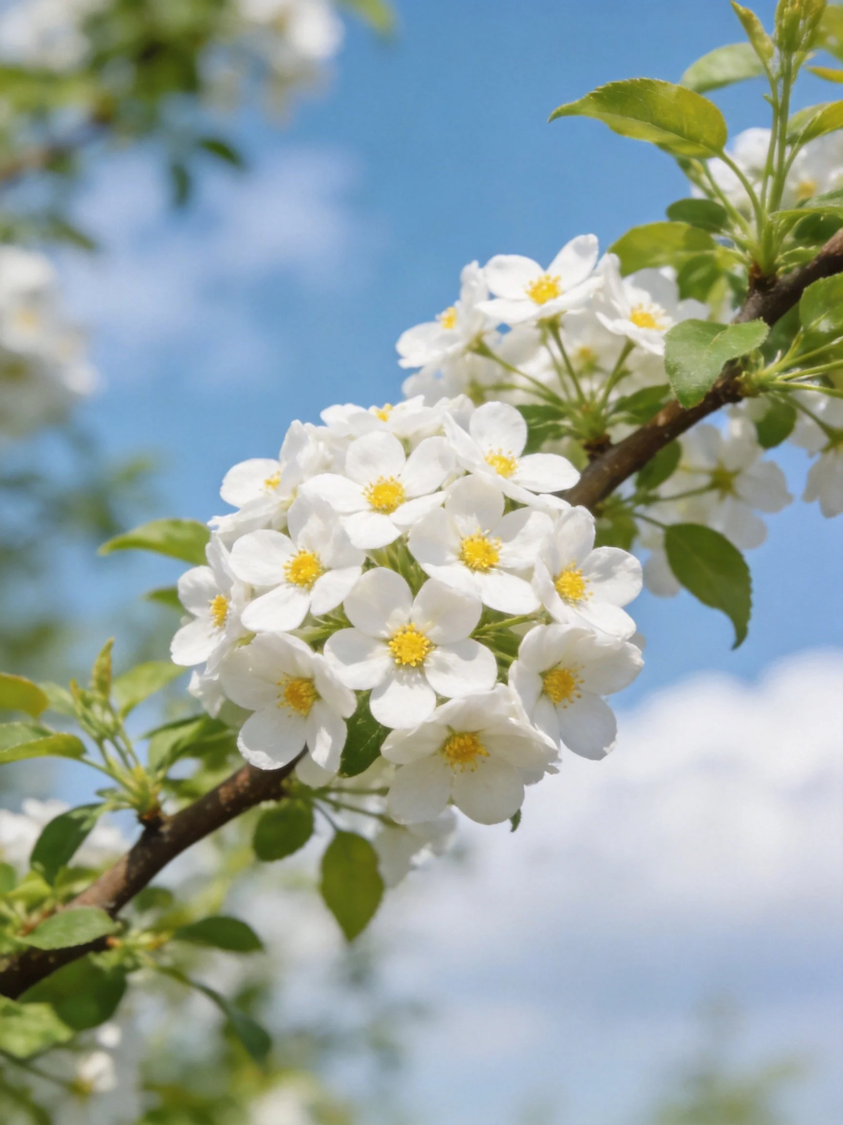 White flower clusters bloom on a brown branchwith green leaves under blue sky