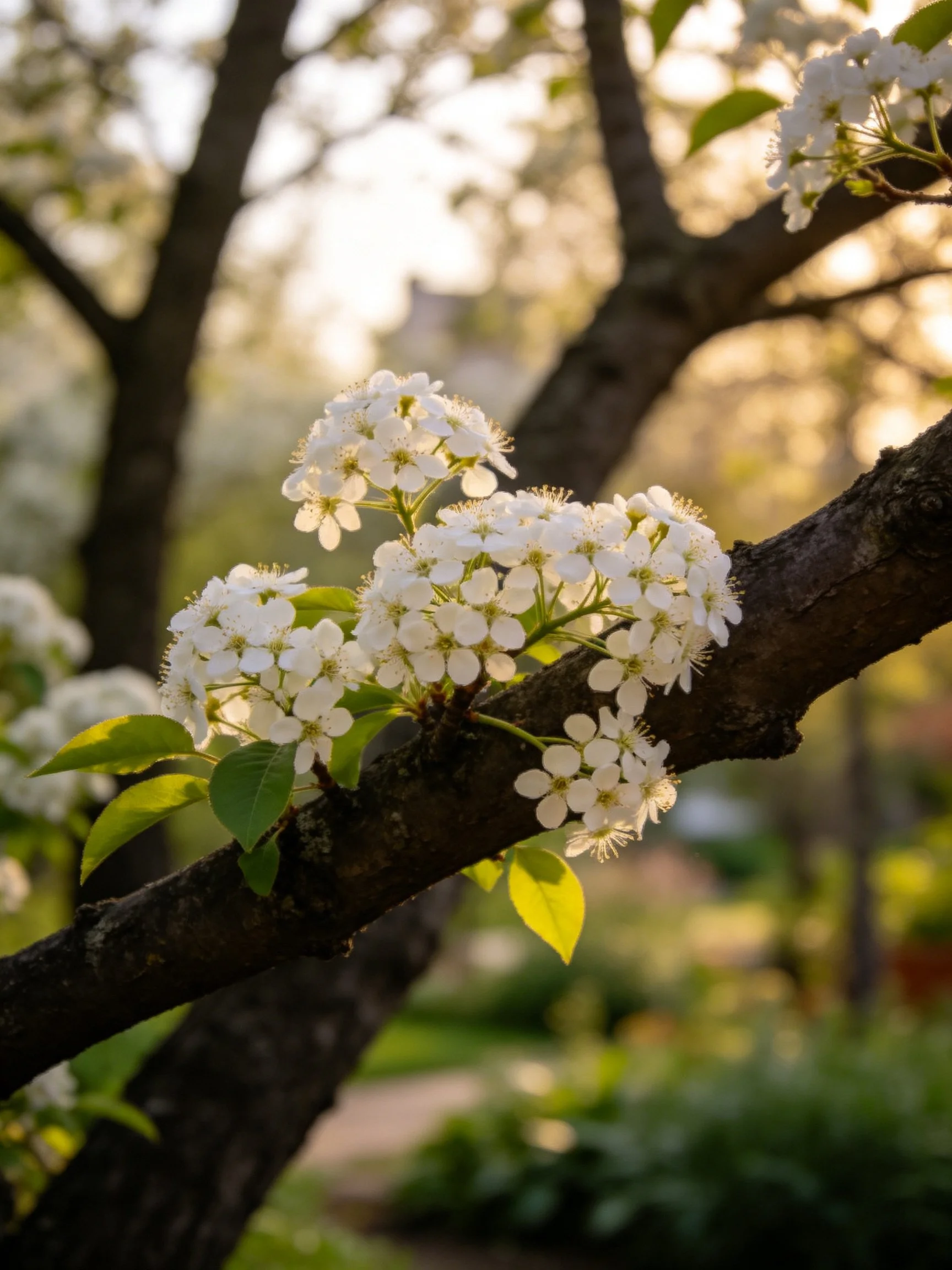 White flower clusters bloom on a dark tree branch with green leaves under golden light.