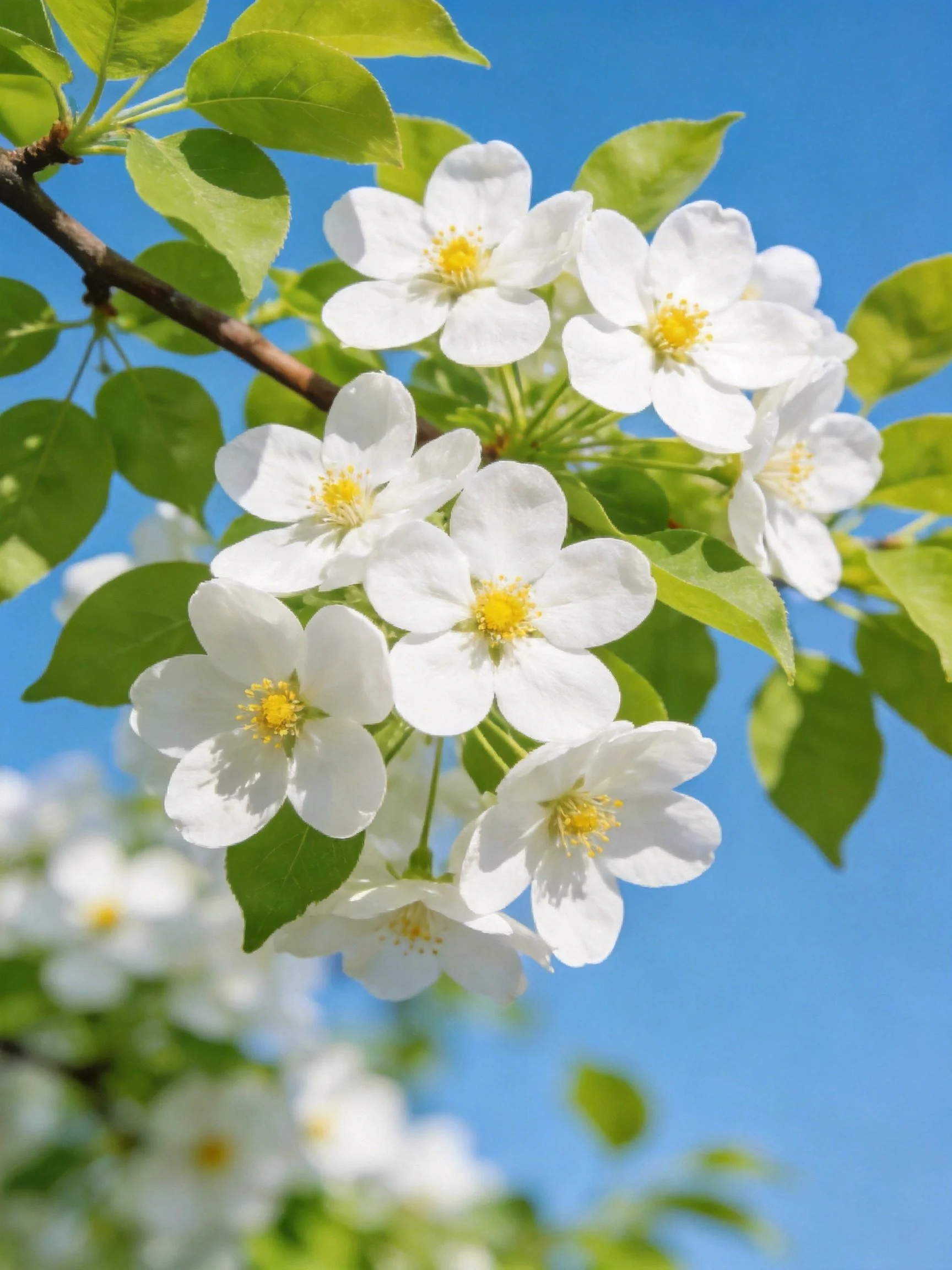 White flower clusters bloom on branch with green leaves under blue sky