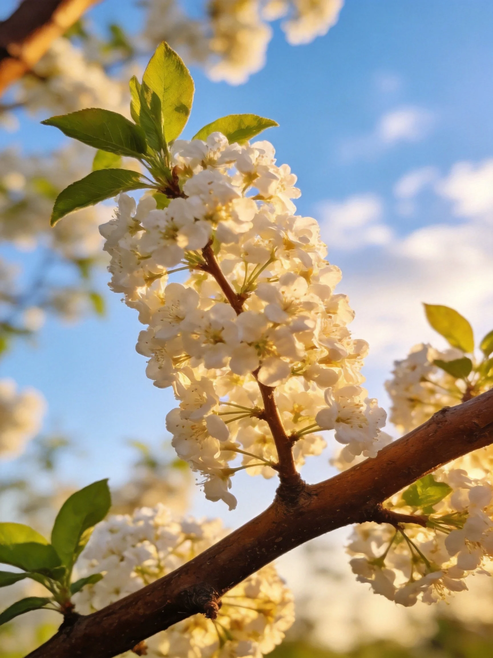 White flower clusters bloom on brown branches with green leaves against blue sky