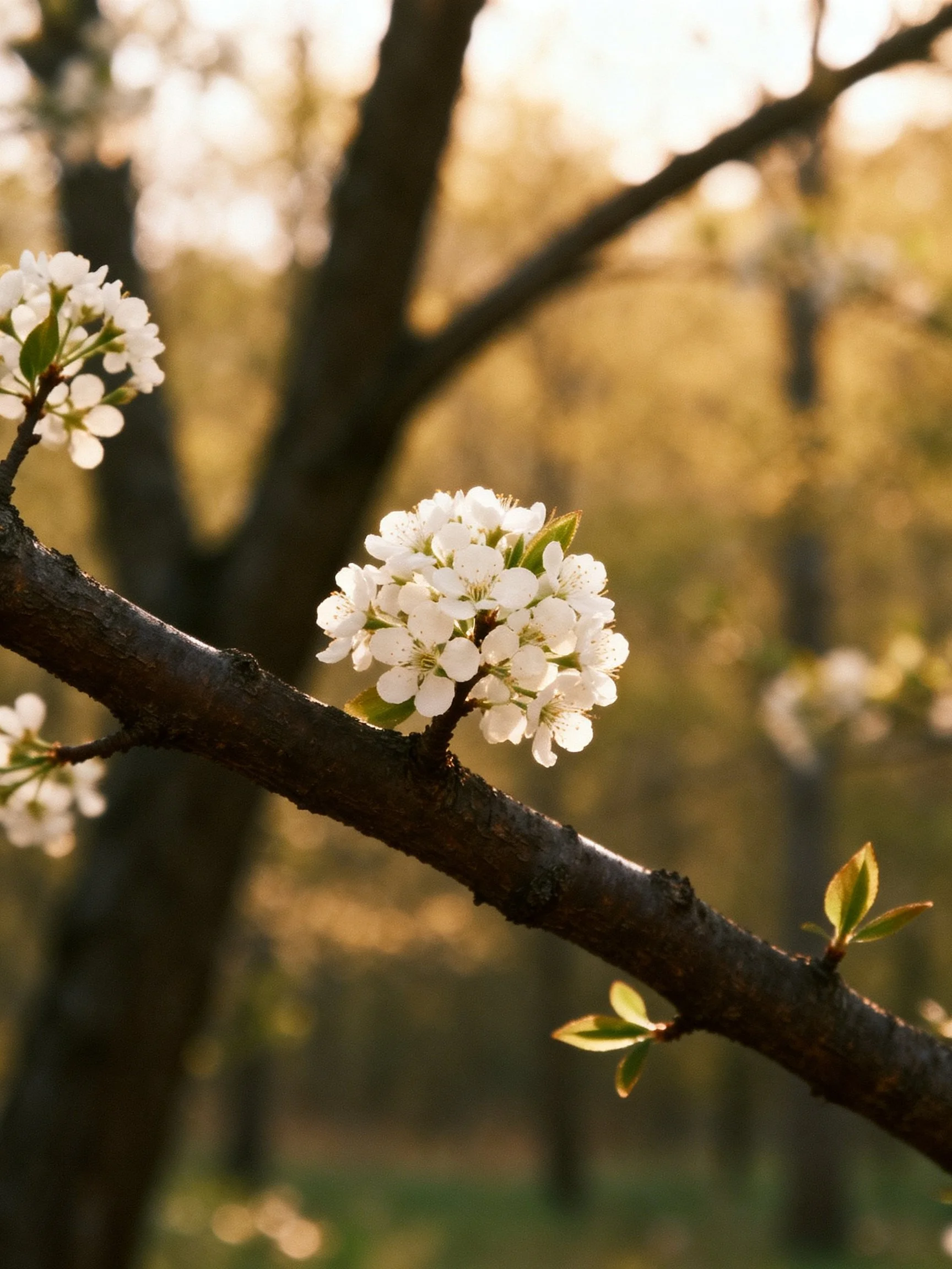 White flower clusters bloom on dark tree branches amidst a sunlit forest.