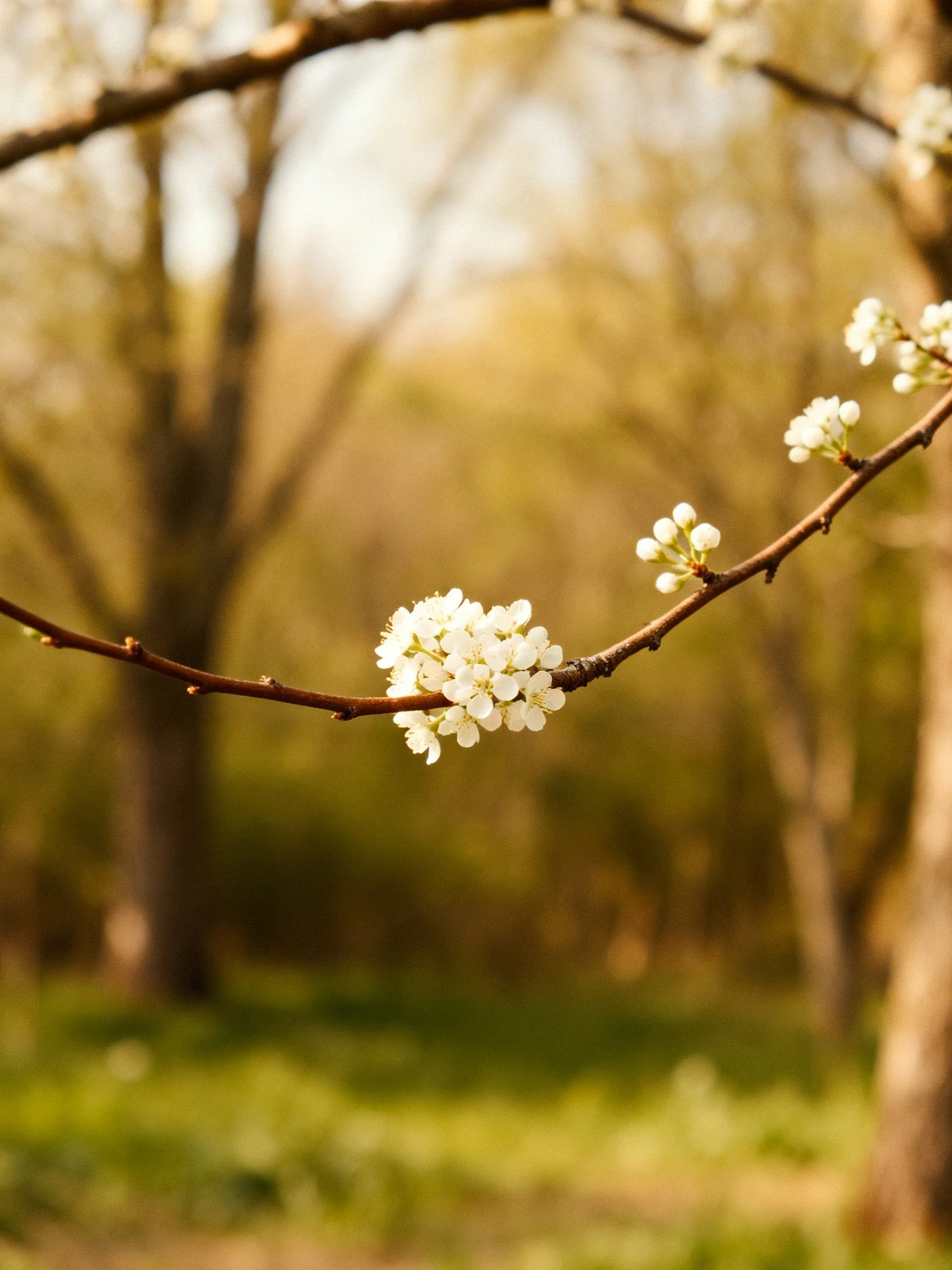 White flower clusters bloom on thin branches amid a hazy, golden woodland