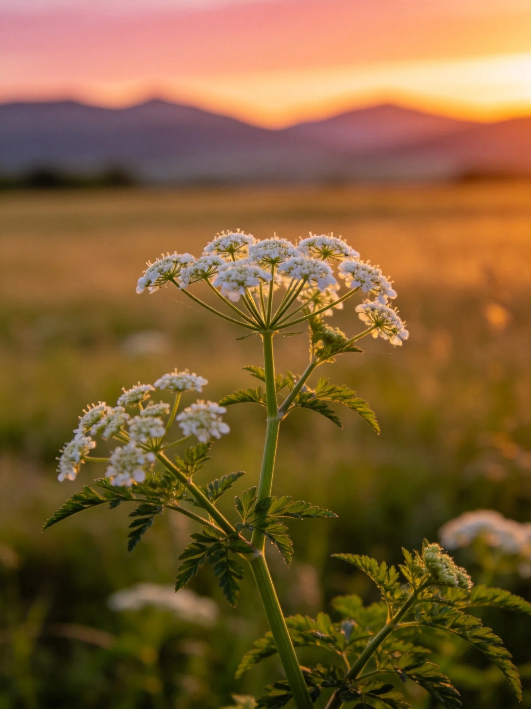 White flower clusters glow in golden meadow near purple mountains