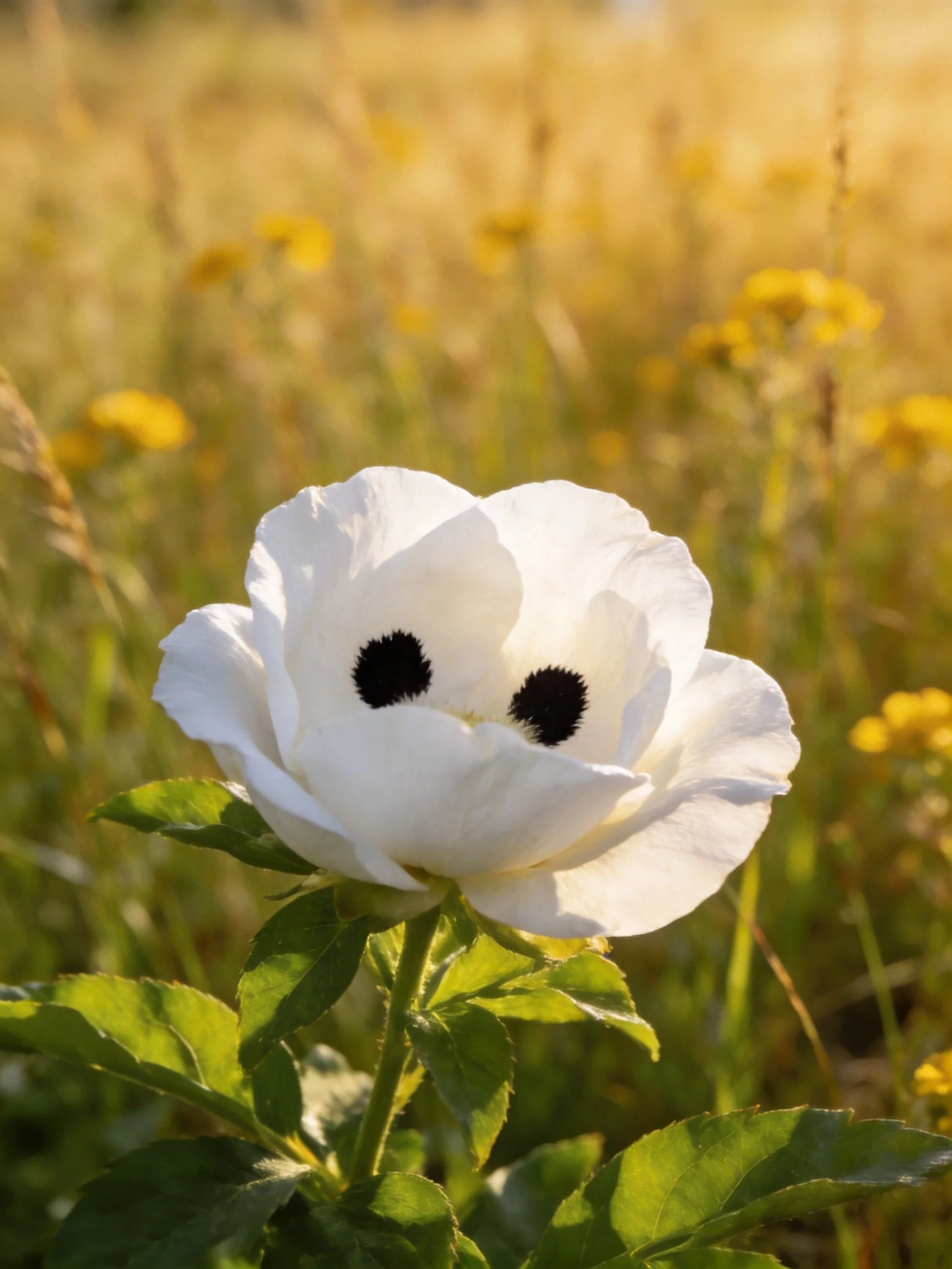 White flower with black eye - like spots in a golden meadow