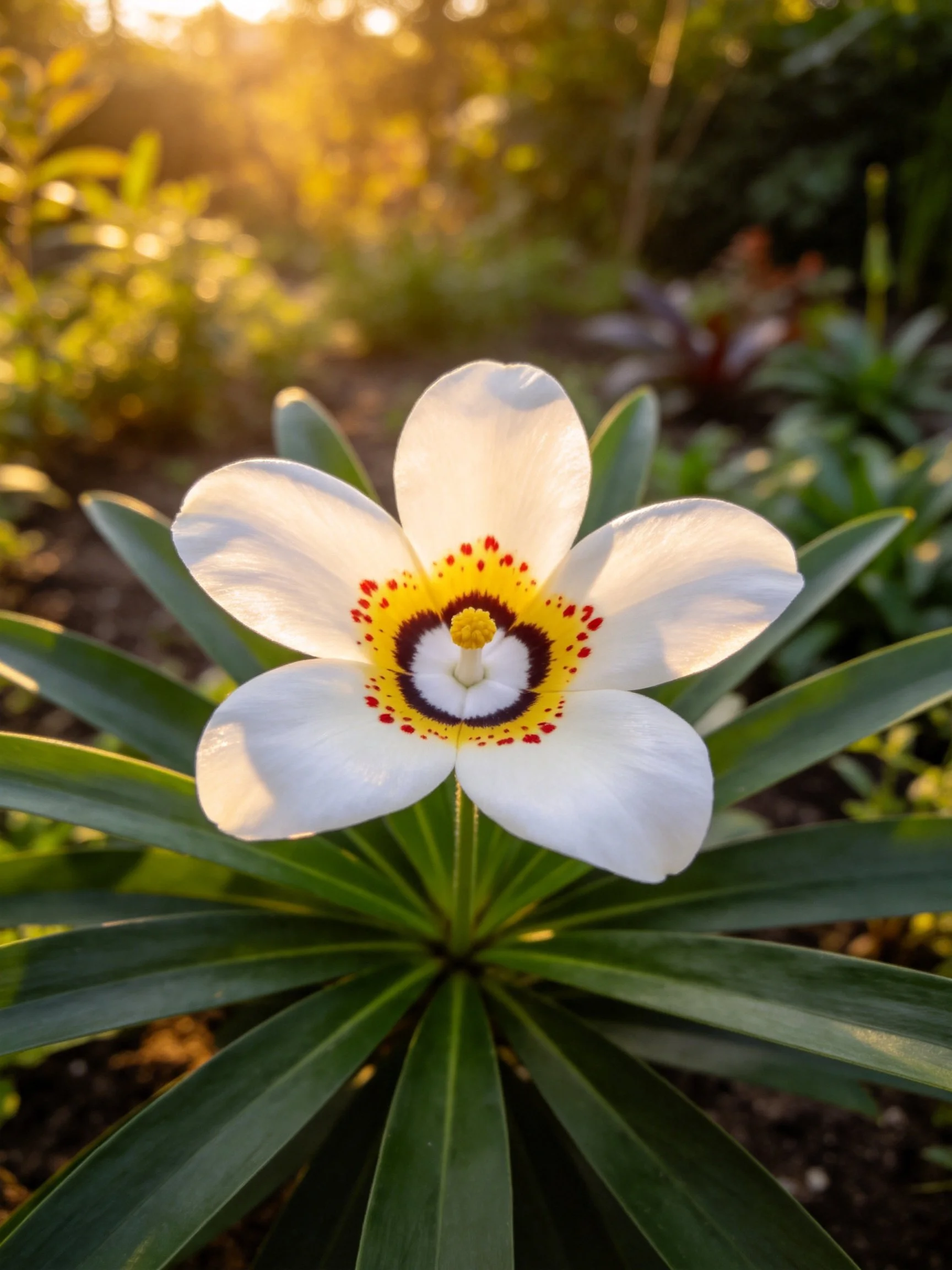 White flower with colorful center amid green foliage under golden light