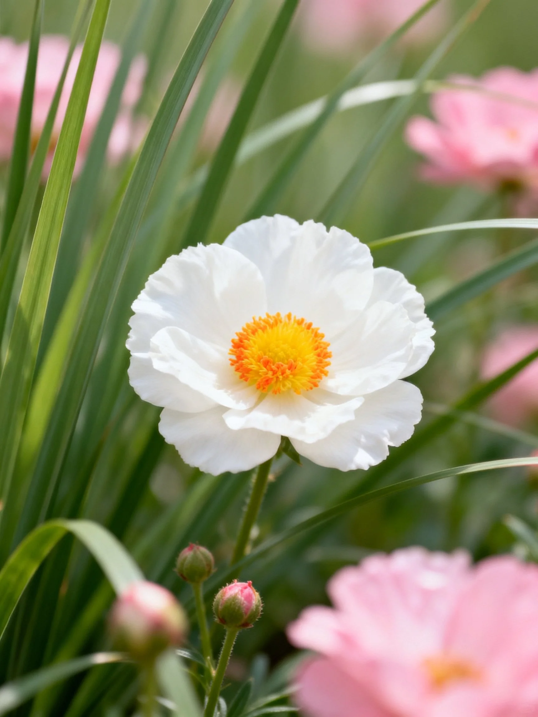 White flower with orange center amid green foliage and pink blooms
