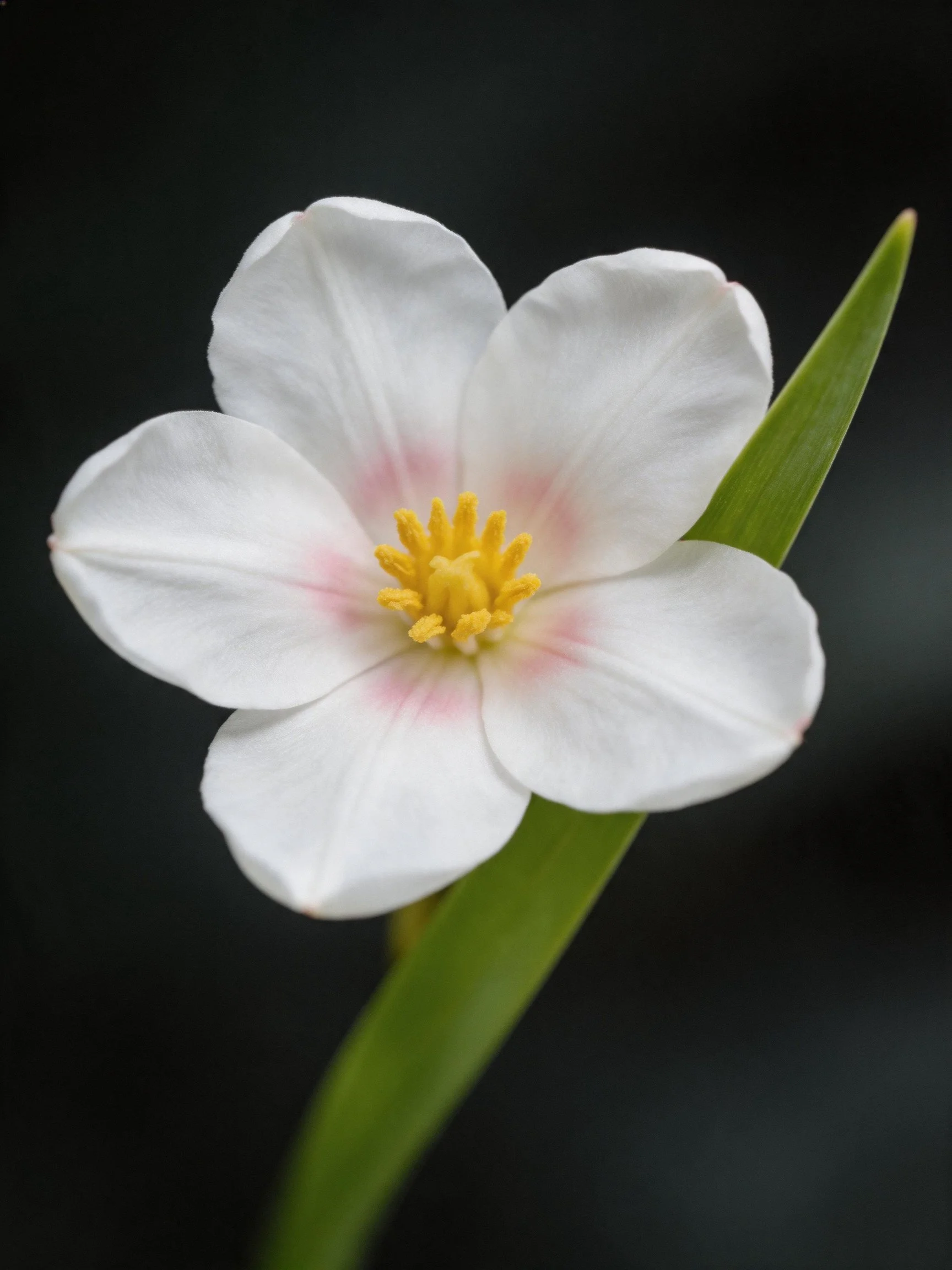 White flower with pink center, yellow stamens, and green leaf