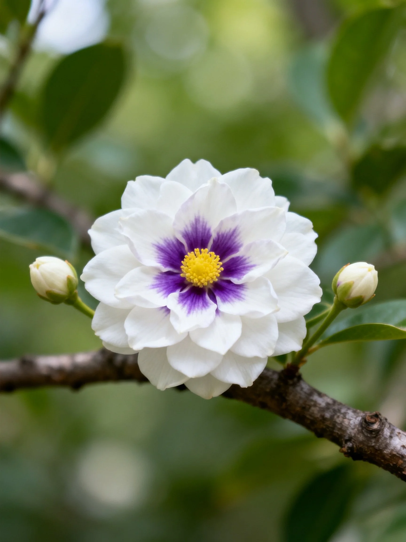 White flower with purple center blooms on a tree branch