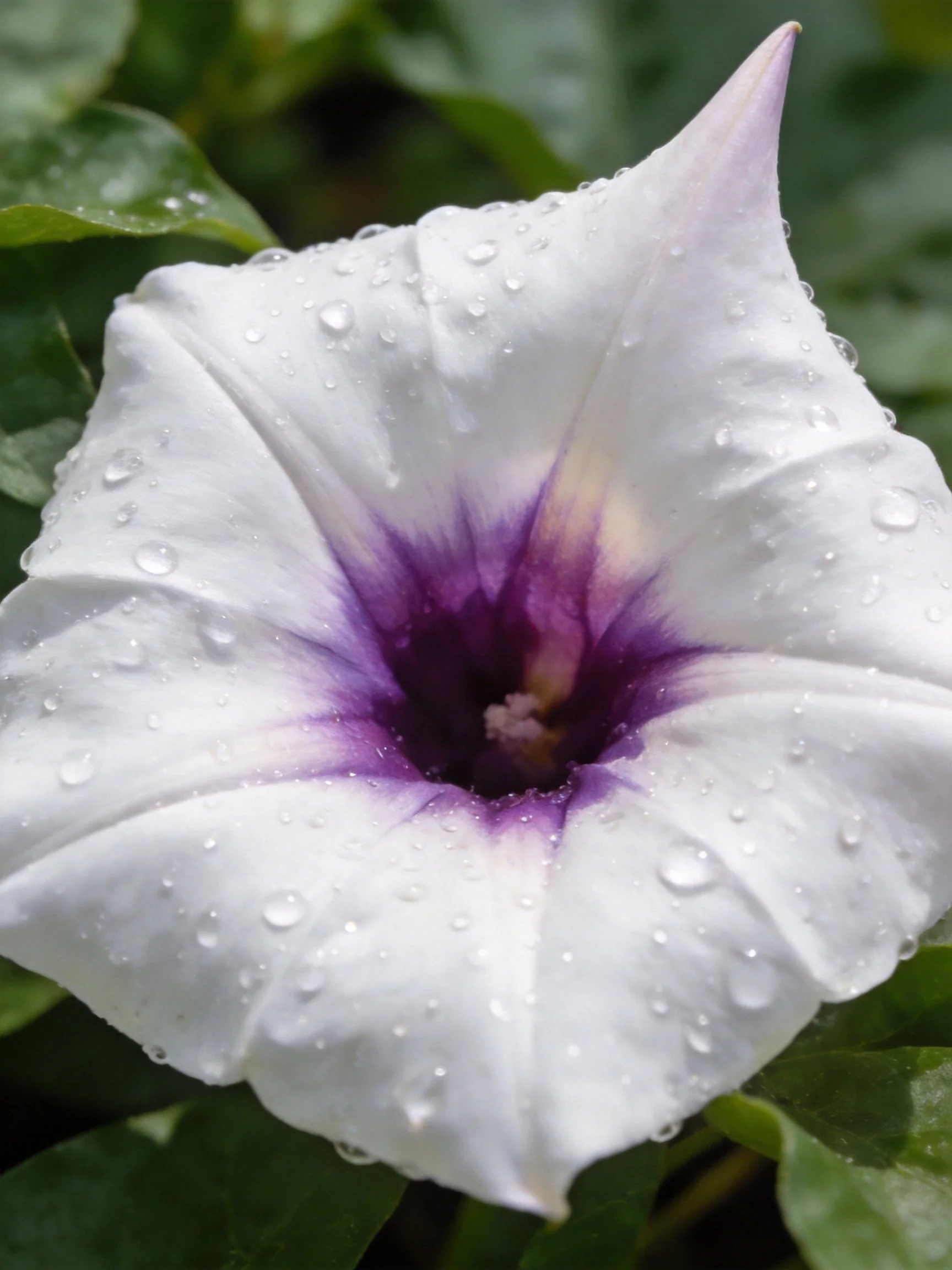 White flower with purple center, water droplets, lush green leaves