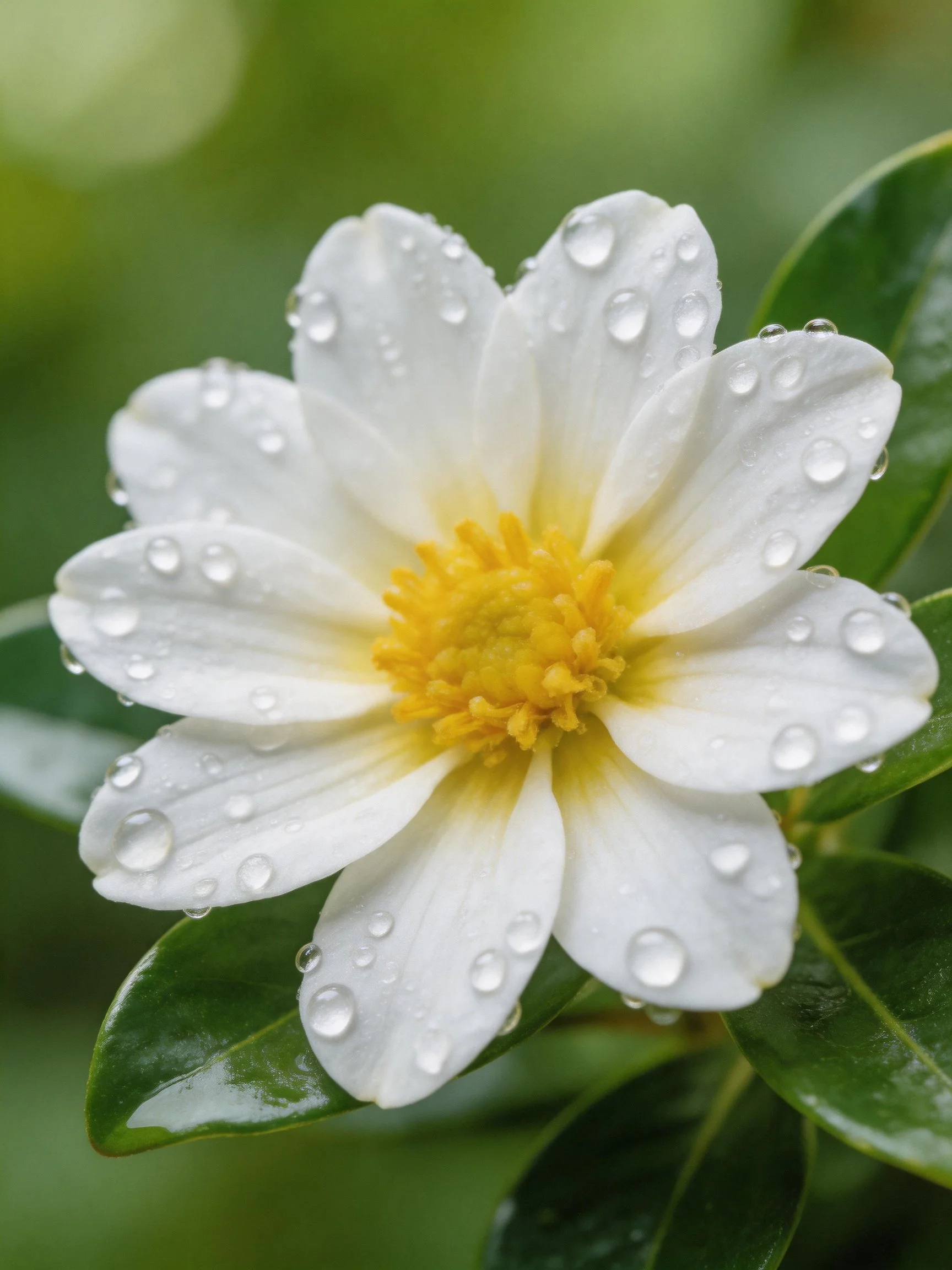White flower with water droplets, yellow center, and green leaves