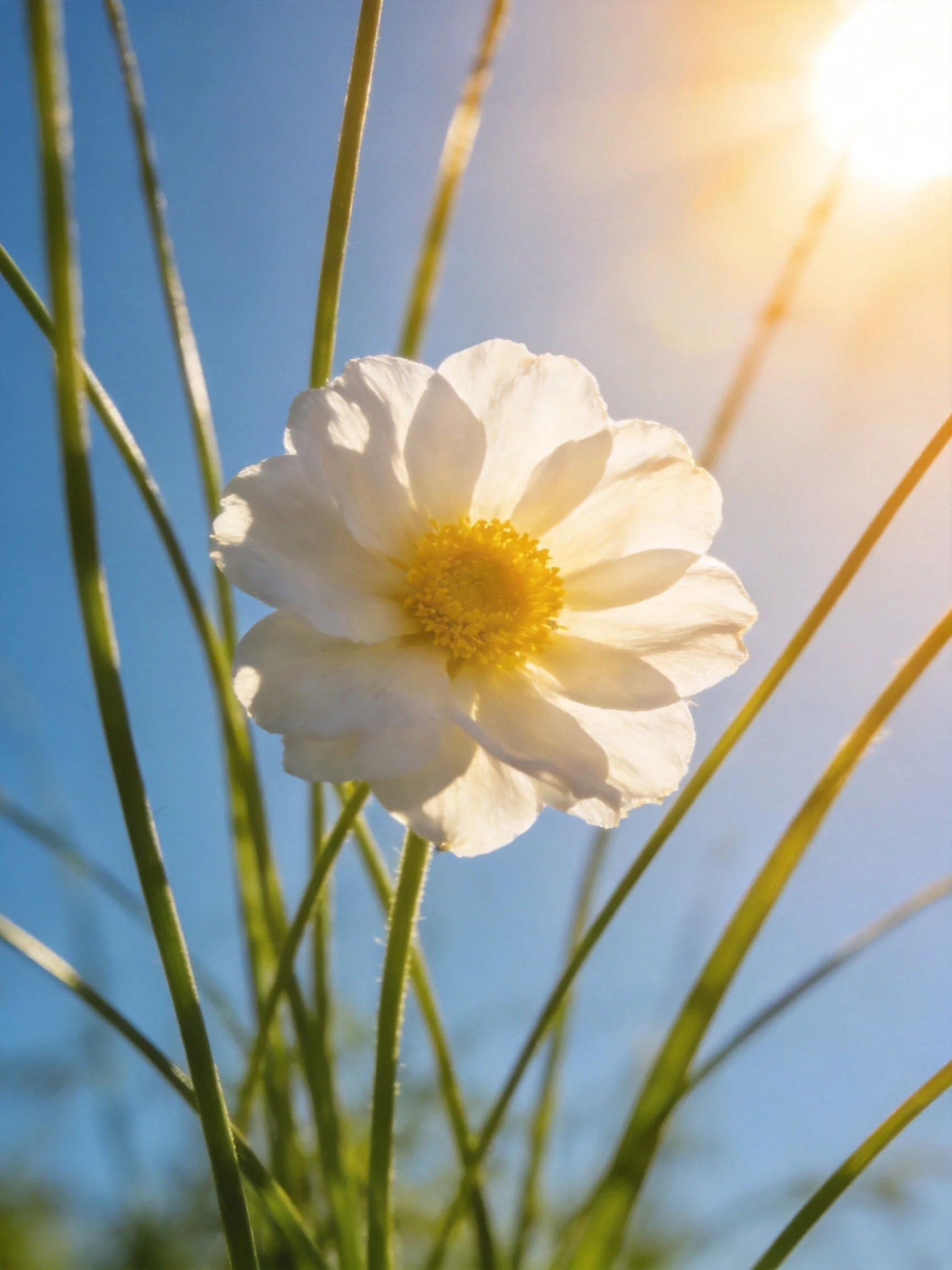 White flower with yellow center amid green stems under sunny sky
