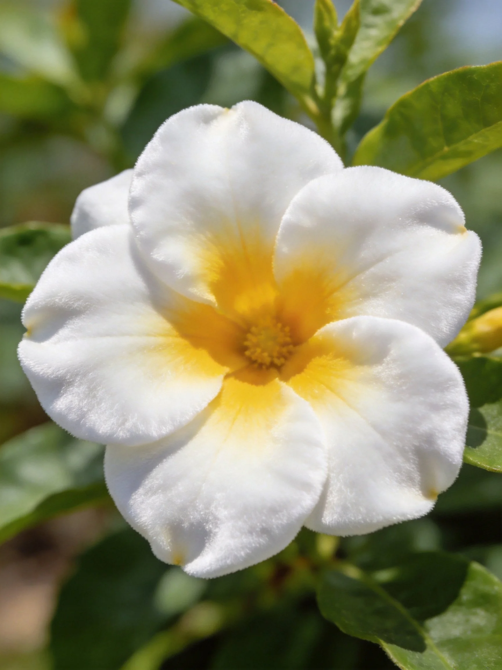 White flower with yellow center among green leaves