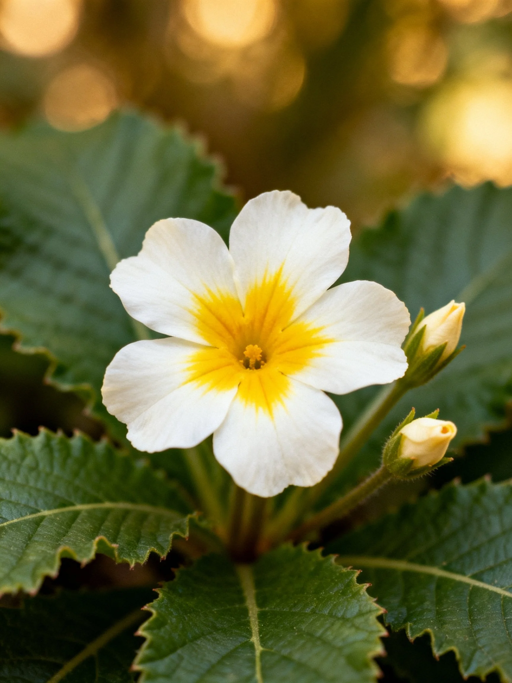 White flower with yellow center among serrated green leaves