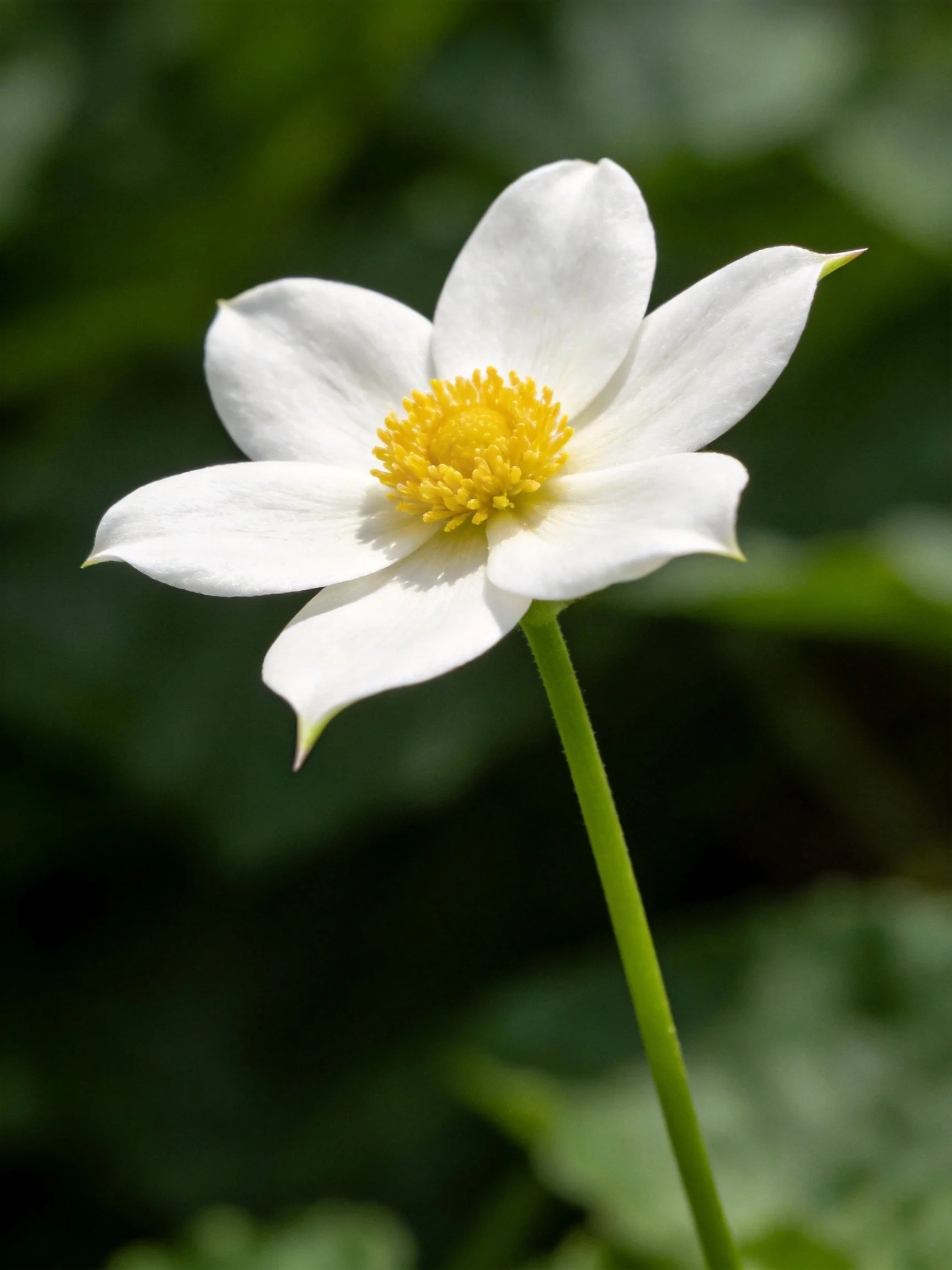 White flower with yellow center and green stem
