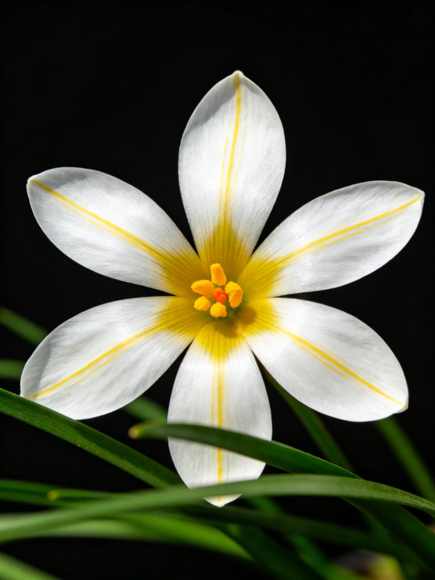 White flower with yellow stripes and yellow center