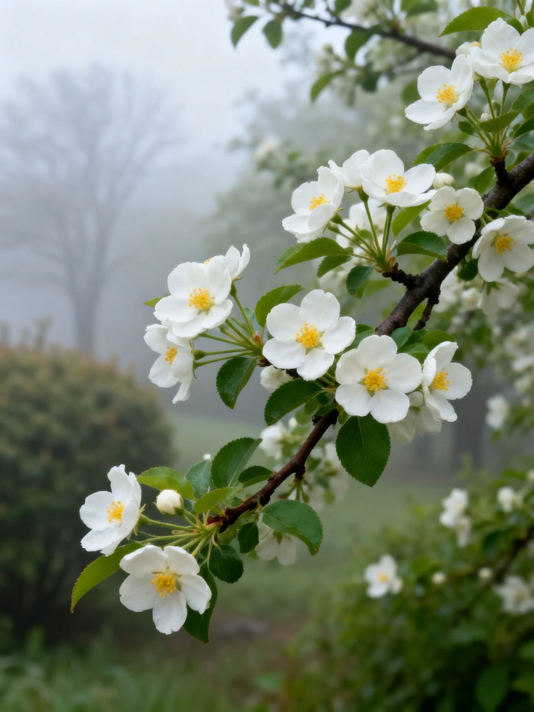 White flowering branches with yellow centers in misty green landscape