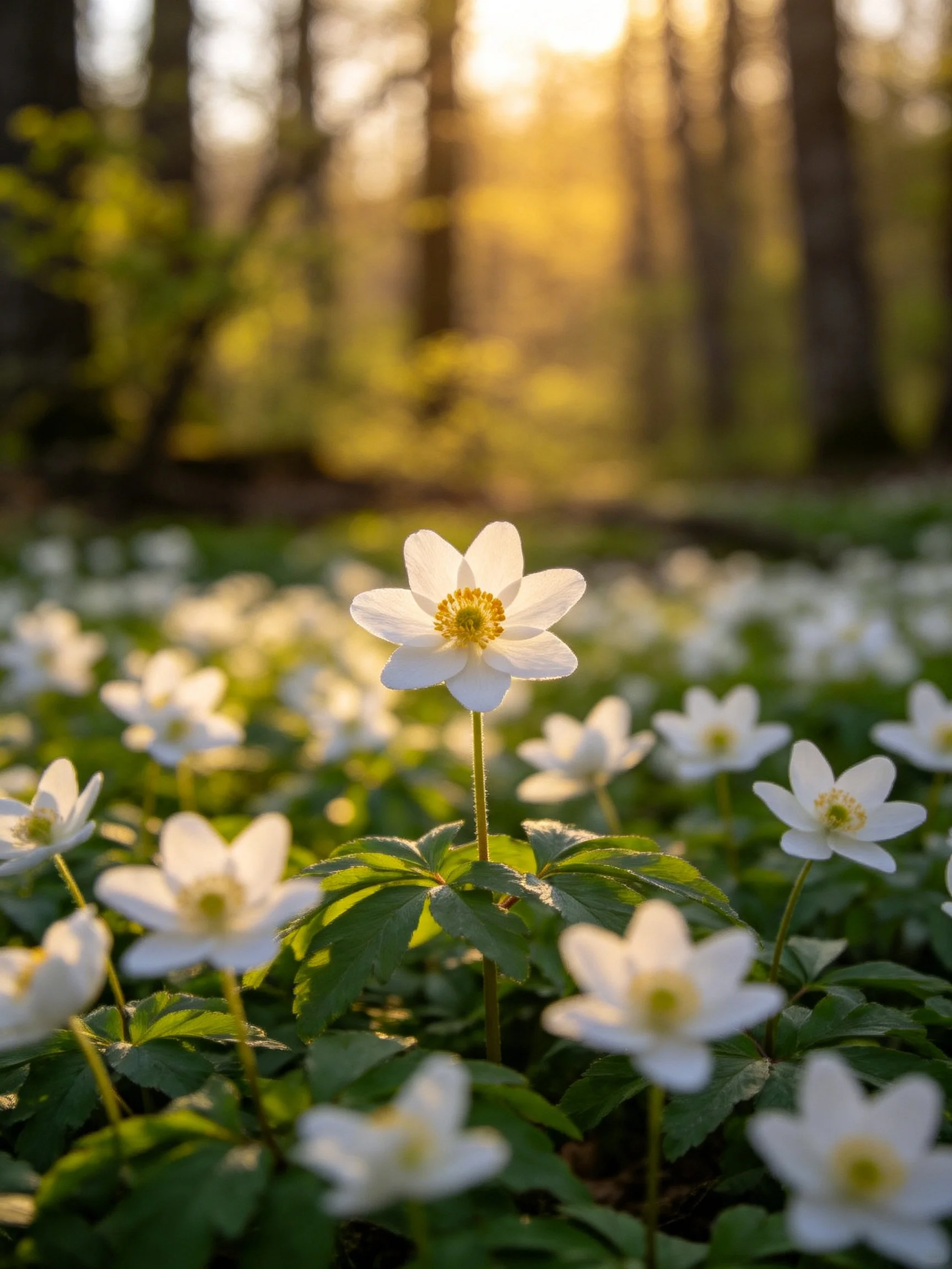 White flowers bloom in sunlit forest with golden rays