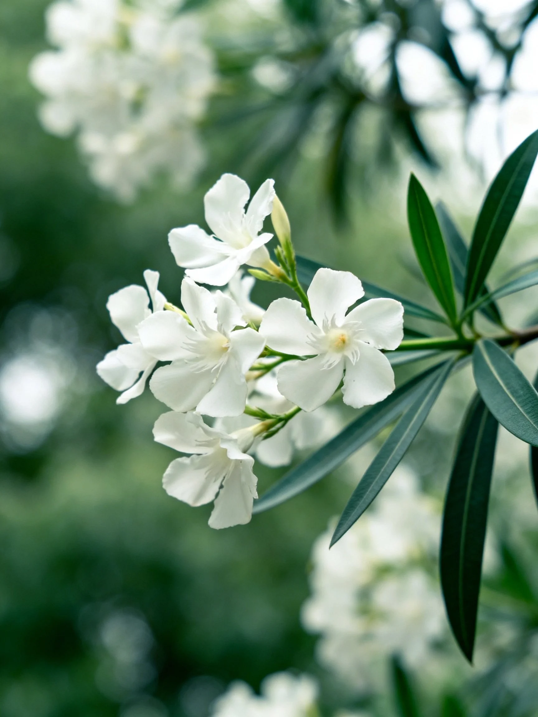 White flowers cluster amid slender dark green leaves