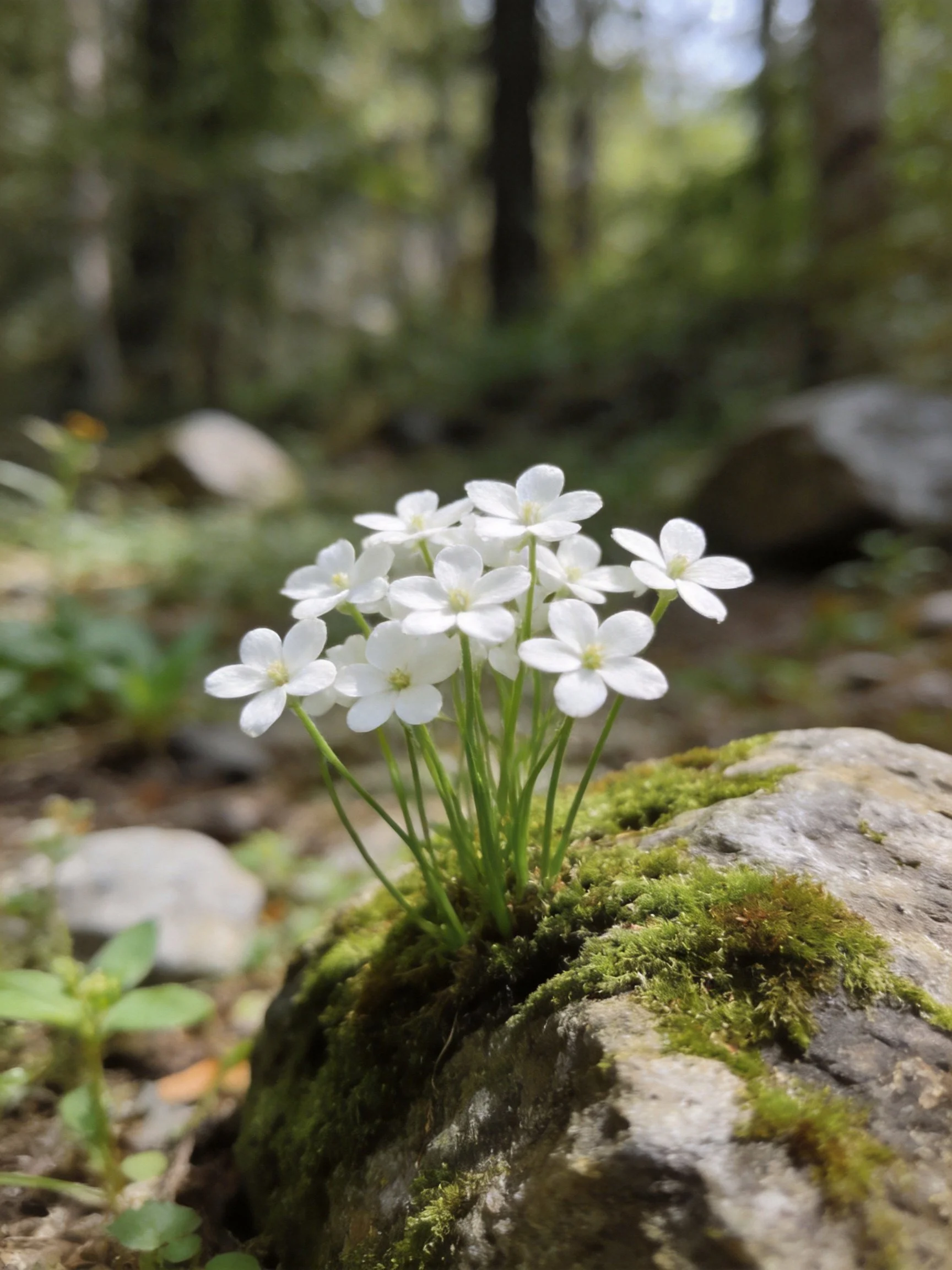 White flowers cluster atop moss-covered rock in forest