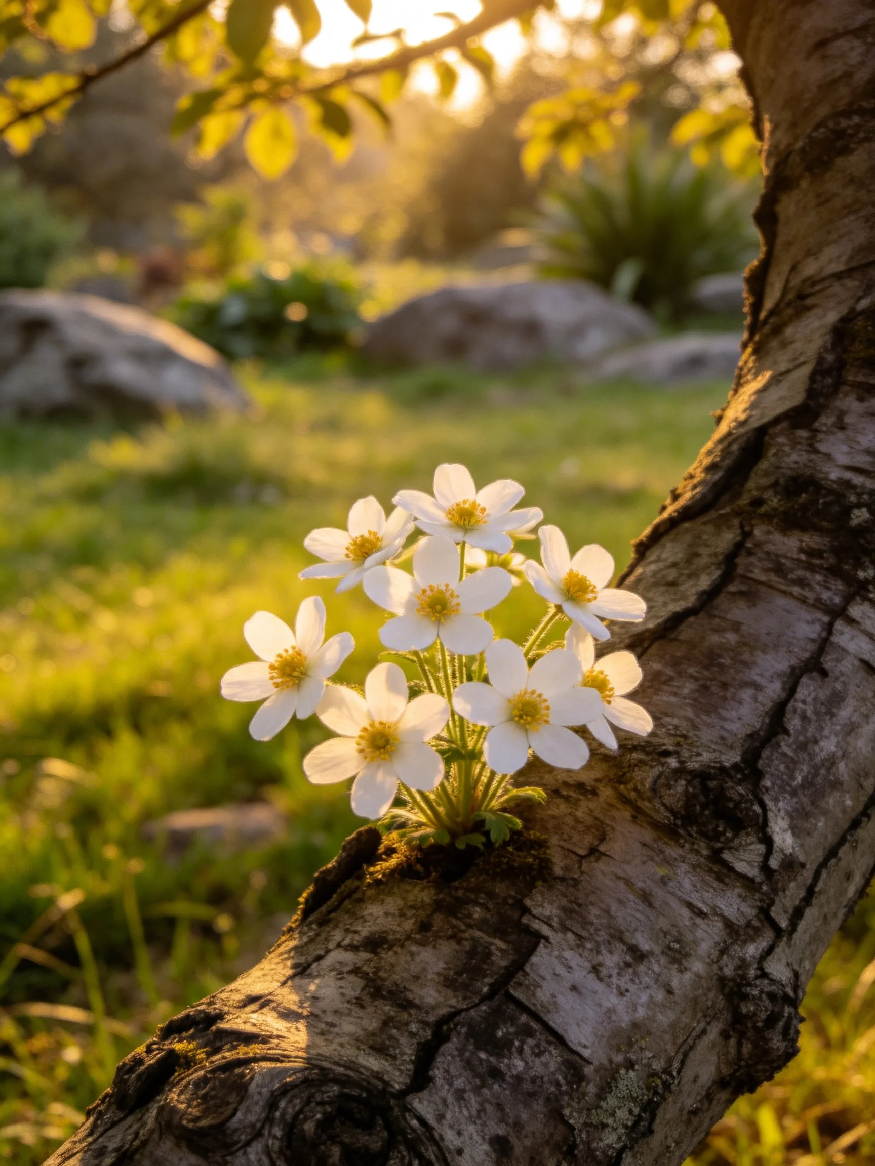 White flowers cluster by a gnarled tree trunk in golden sunlight