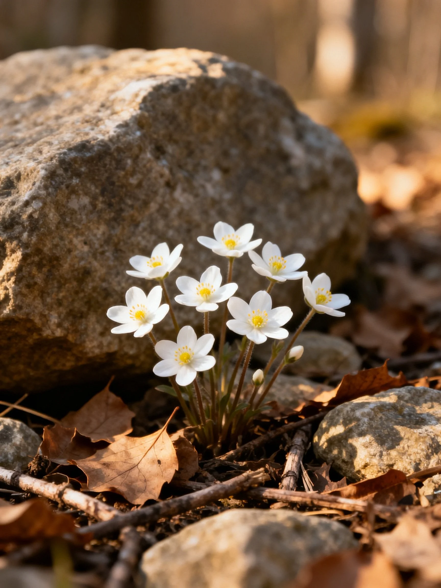 White flowers cluster by large rock amid brown leaves and stones