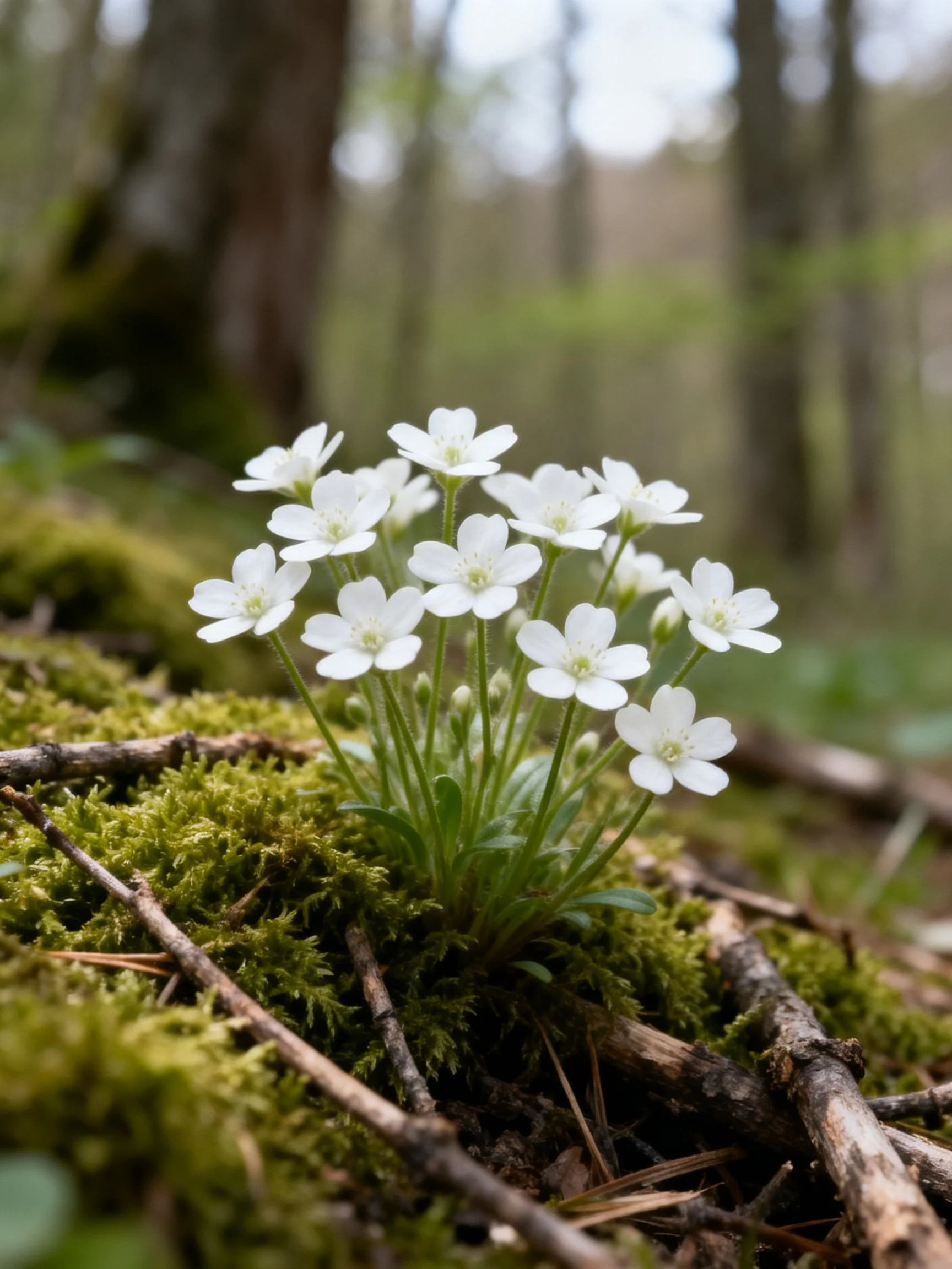 White flowers cluster on mossy forest ground
