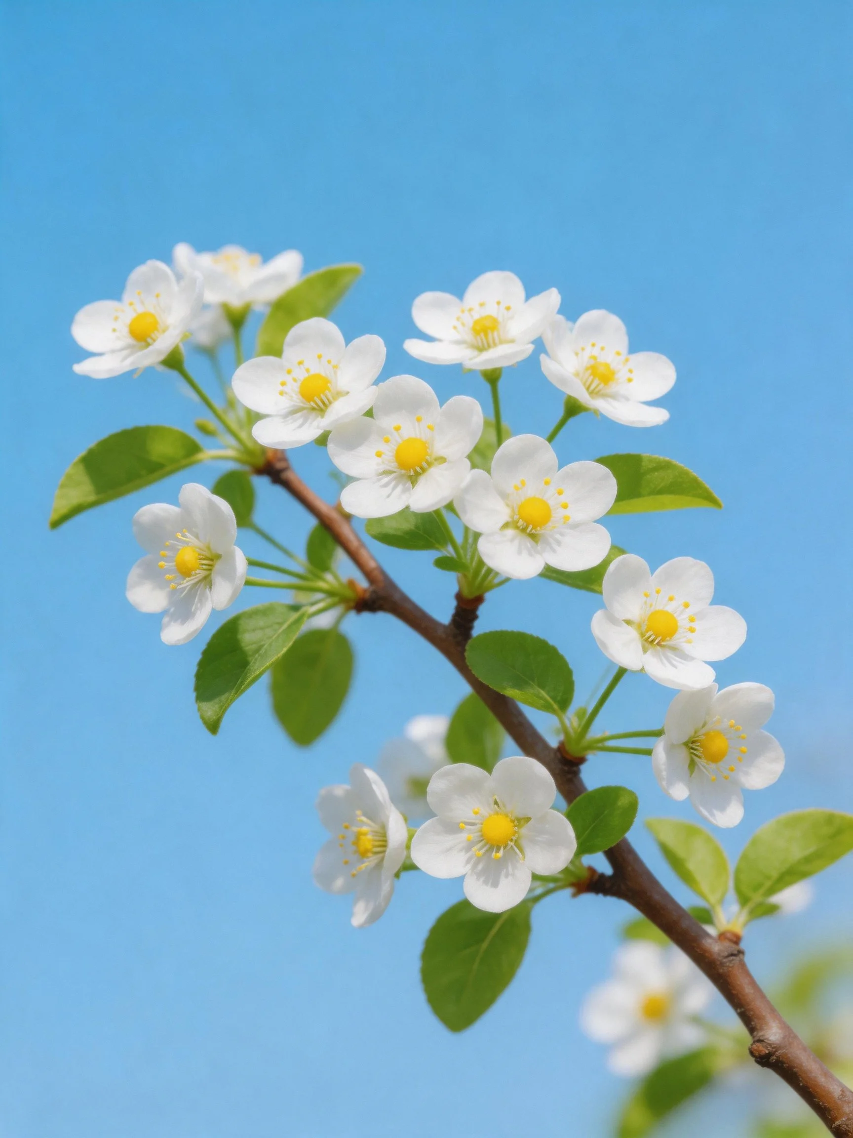 White flowers on brown branch with green leaves against blue sky