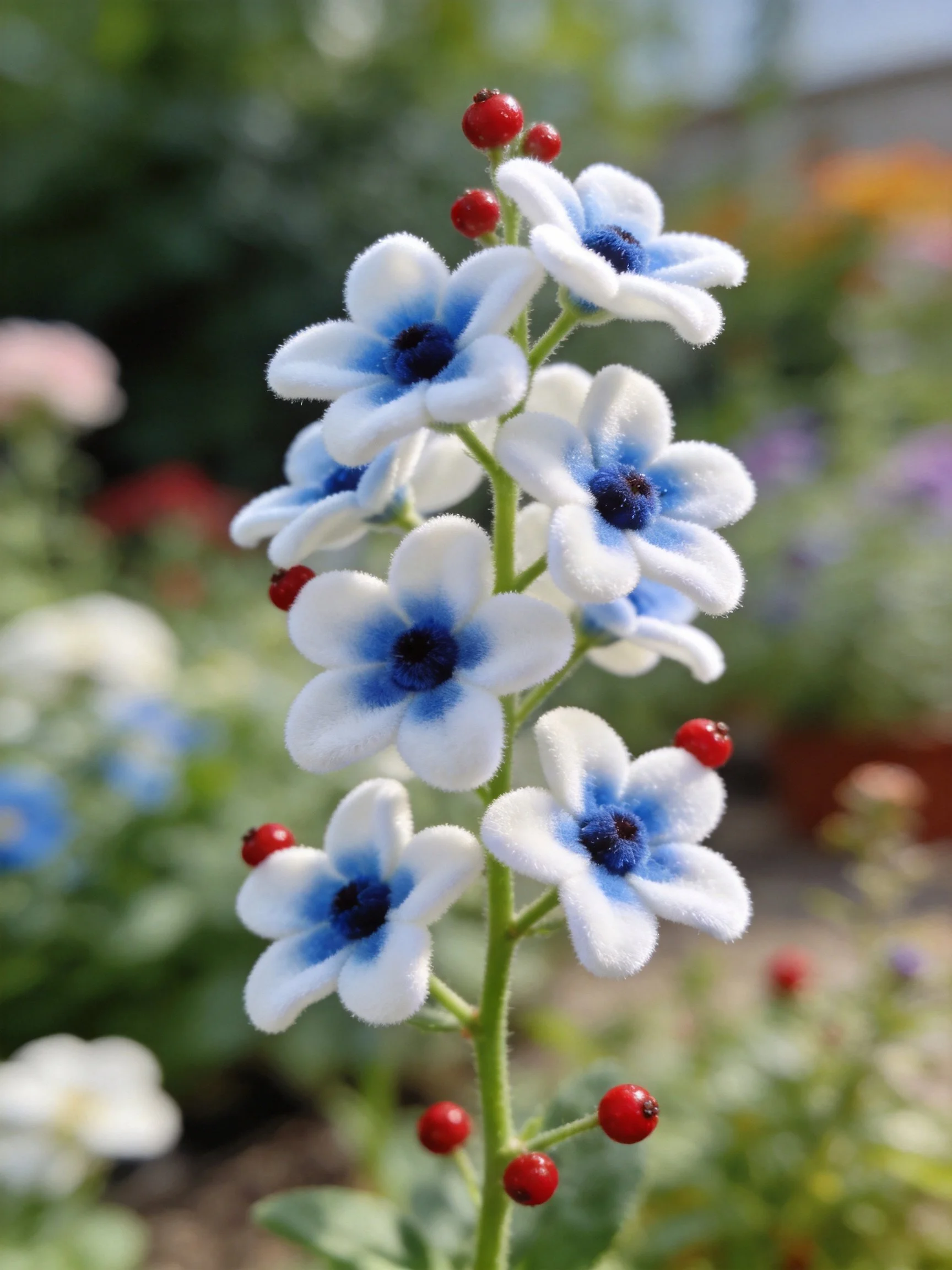 White flowers with blue centers and red berries on green stem