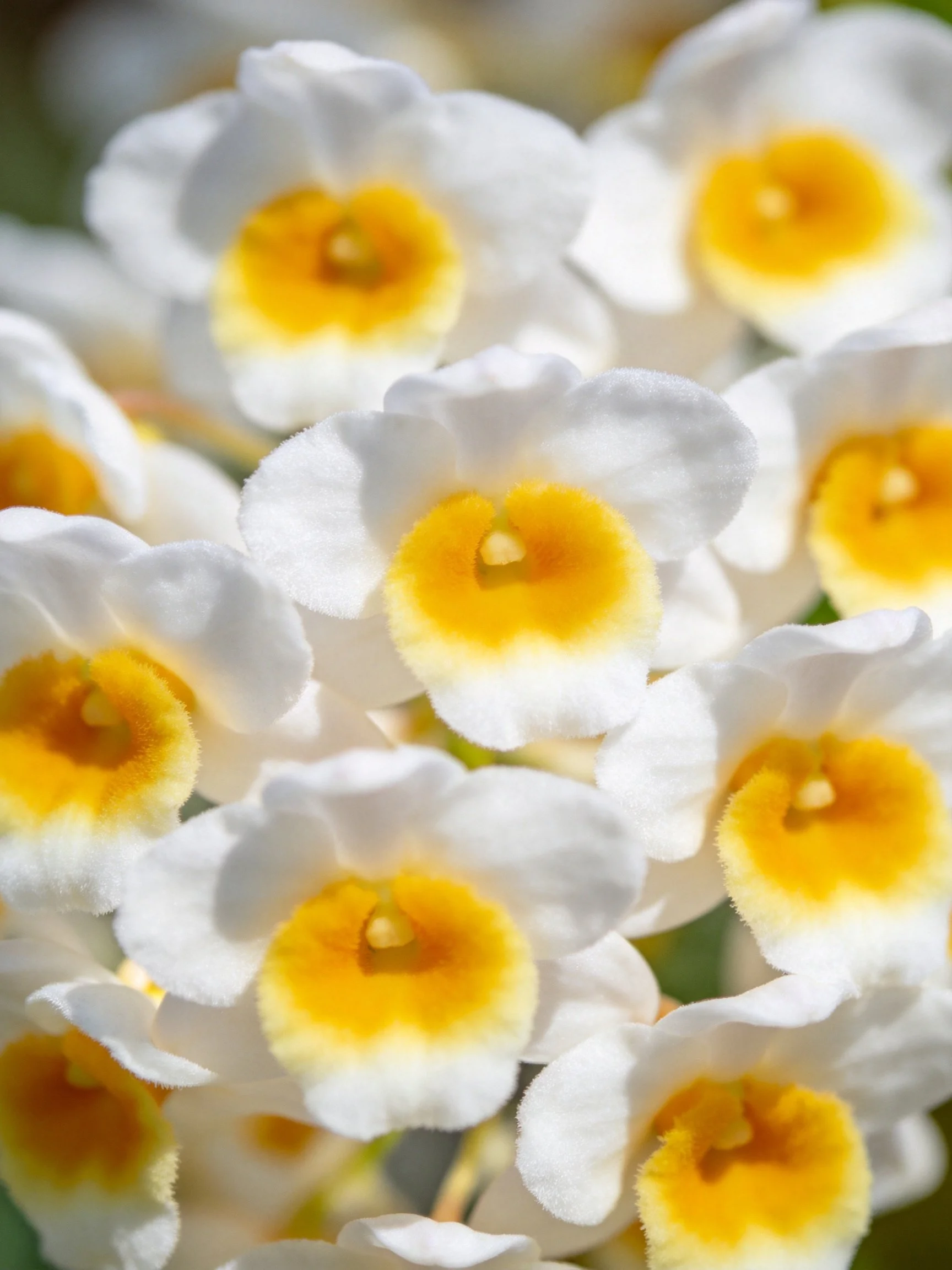 White flowers with bright yellow centers densely arranged