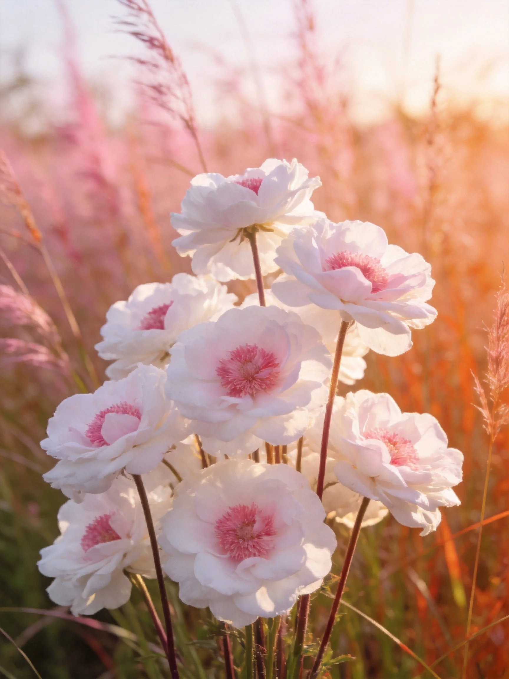 White flowers with pink centers amid tall grasses in golden light