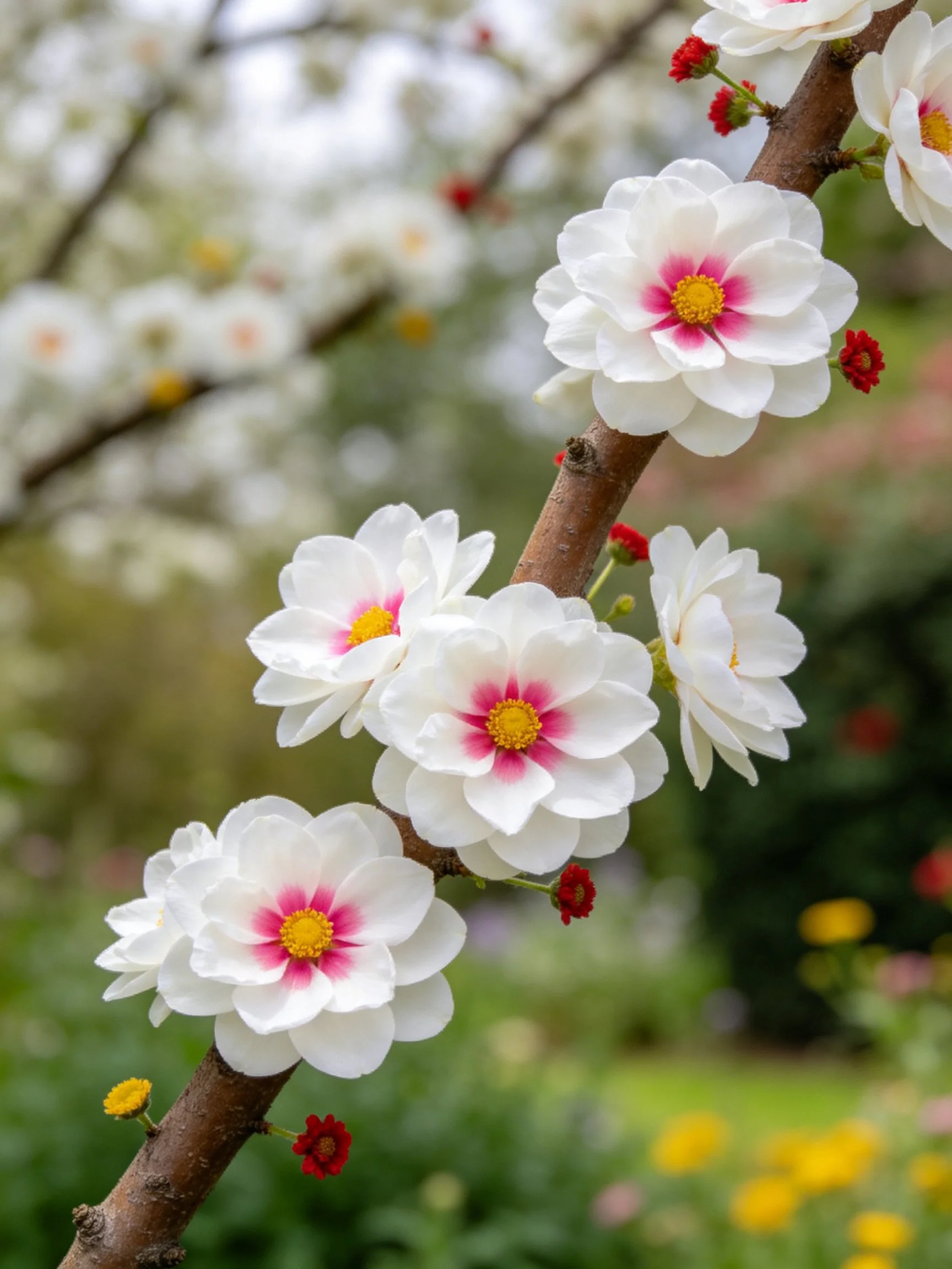 White flowers with pink centers bloom on brown branches with red buds