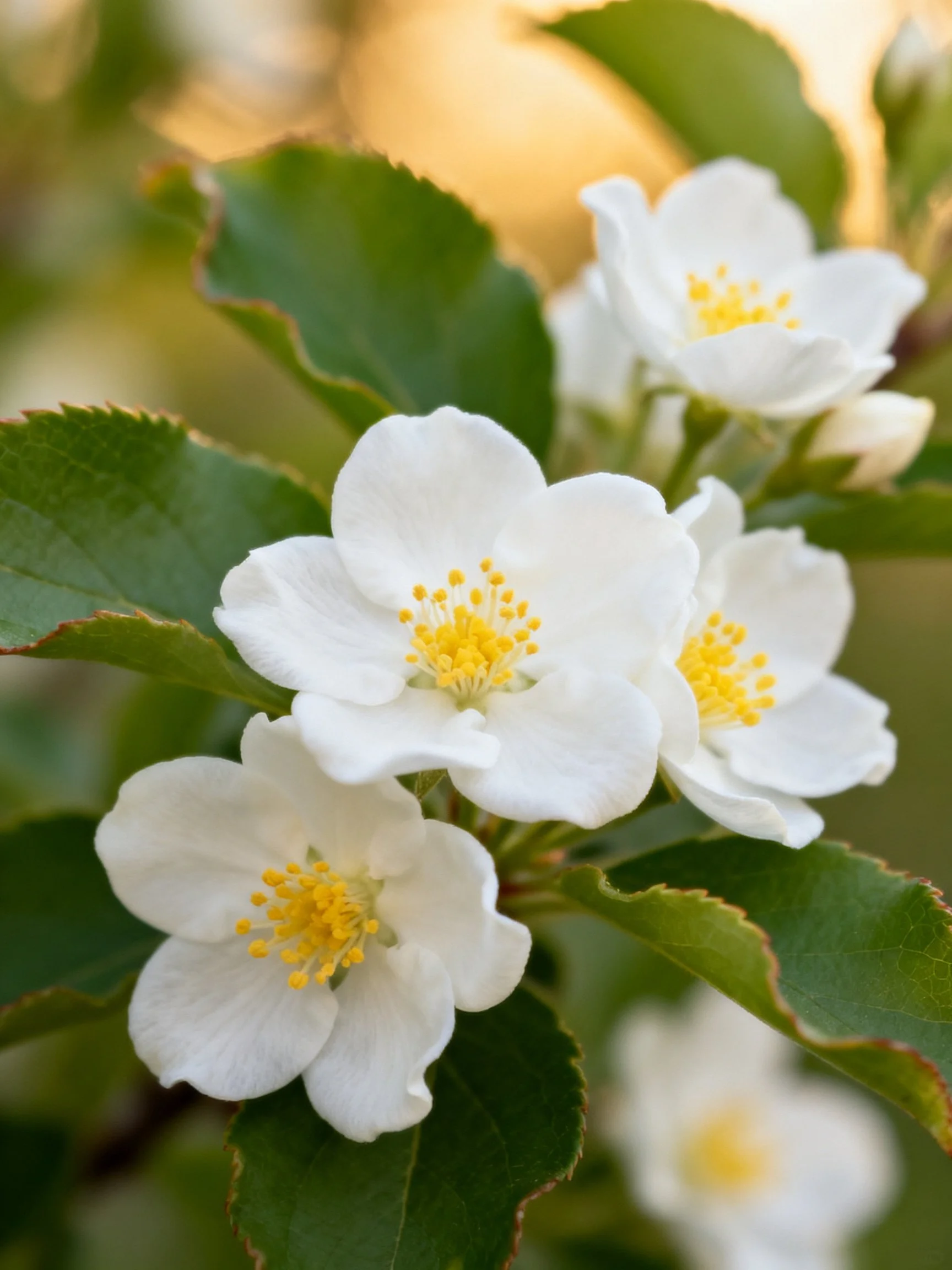 White flowers with yellow centers amid green leaves