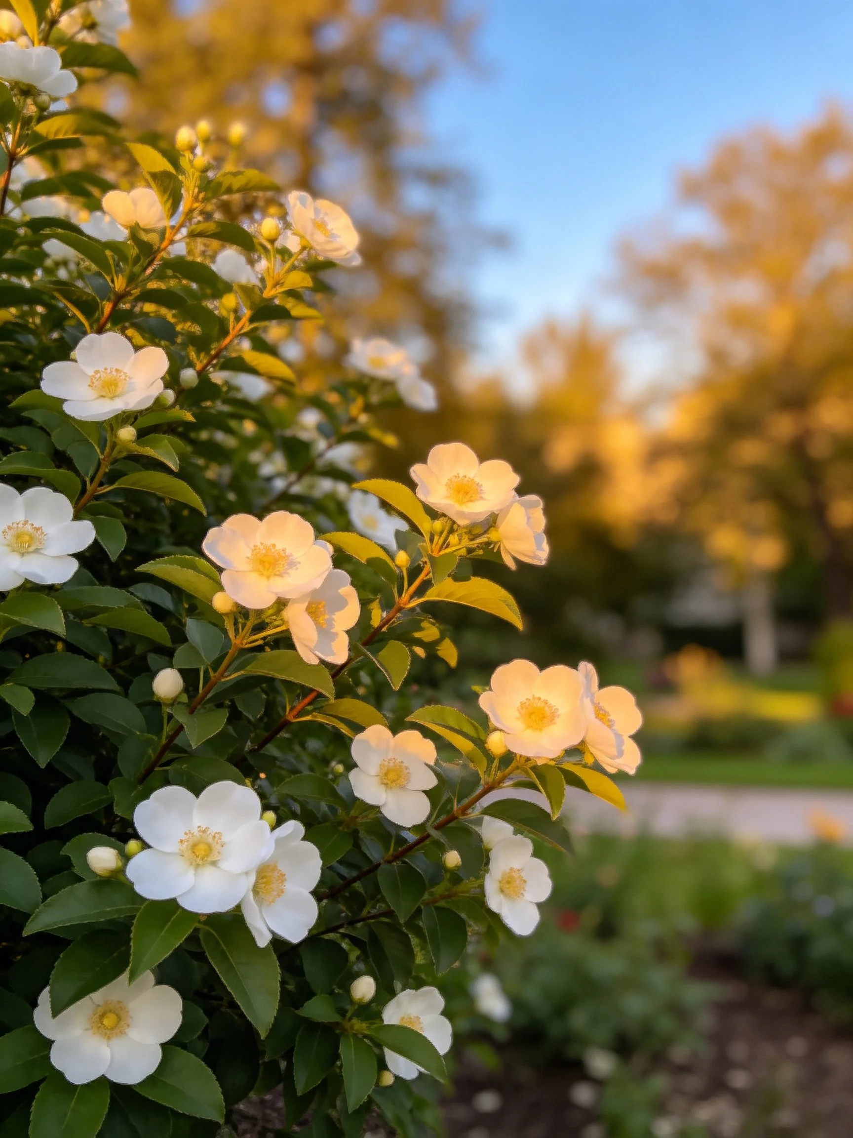 White flowers with yellow centers bloom on a leafy bush under golden sunlight.