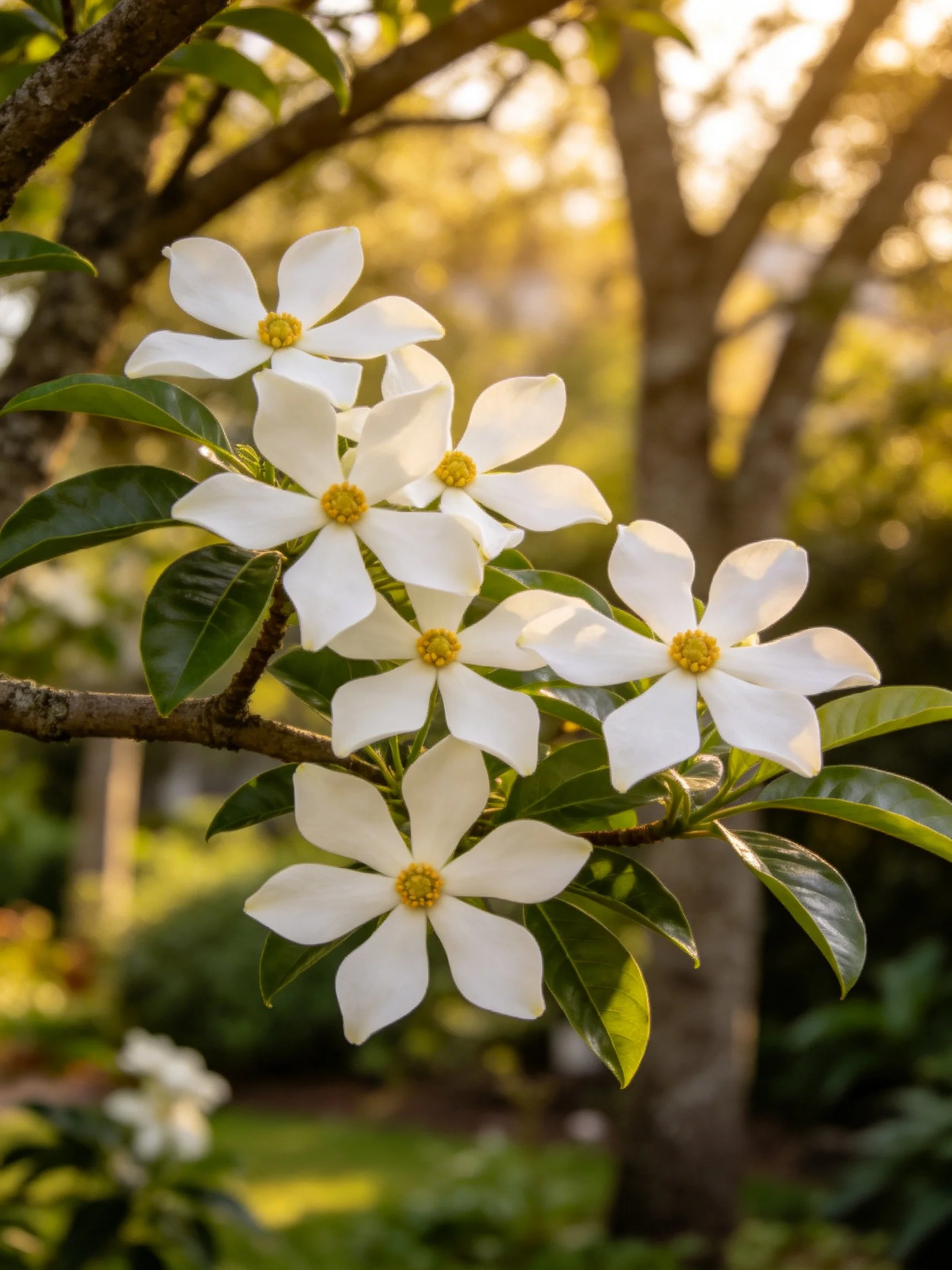 White flowers with yellow centers bloom on a tree branch in sunlight