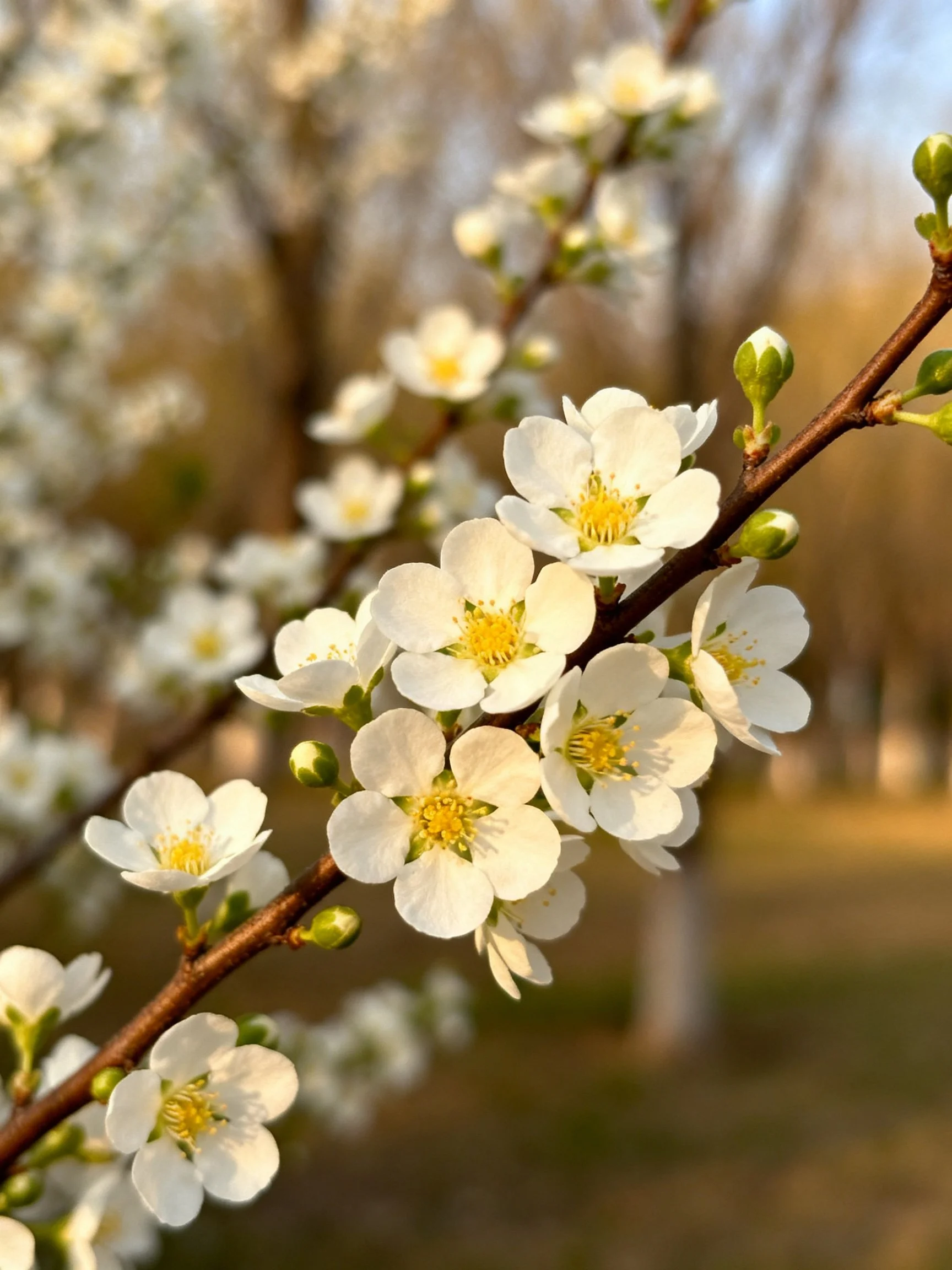 White flowers with yellow centers cluster on brown branches outdoors