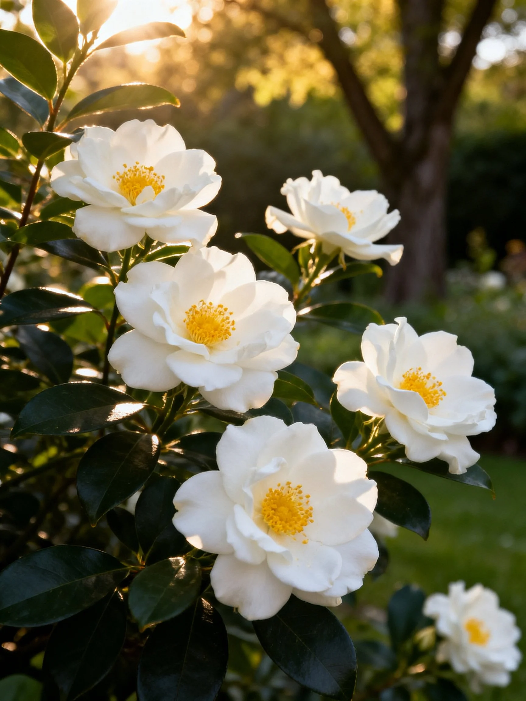 White flowers with yellow centers in a sunlit garden
