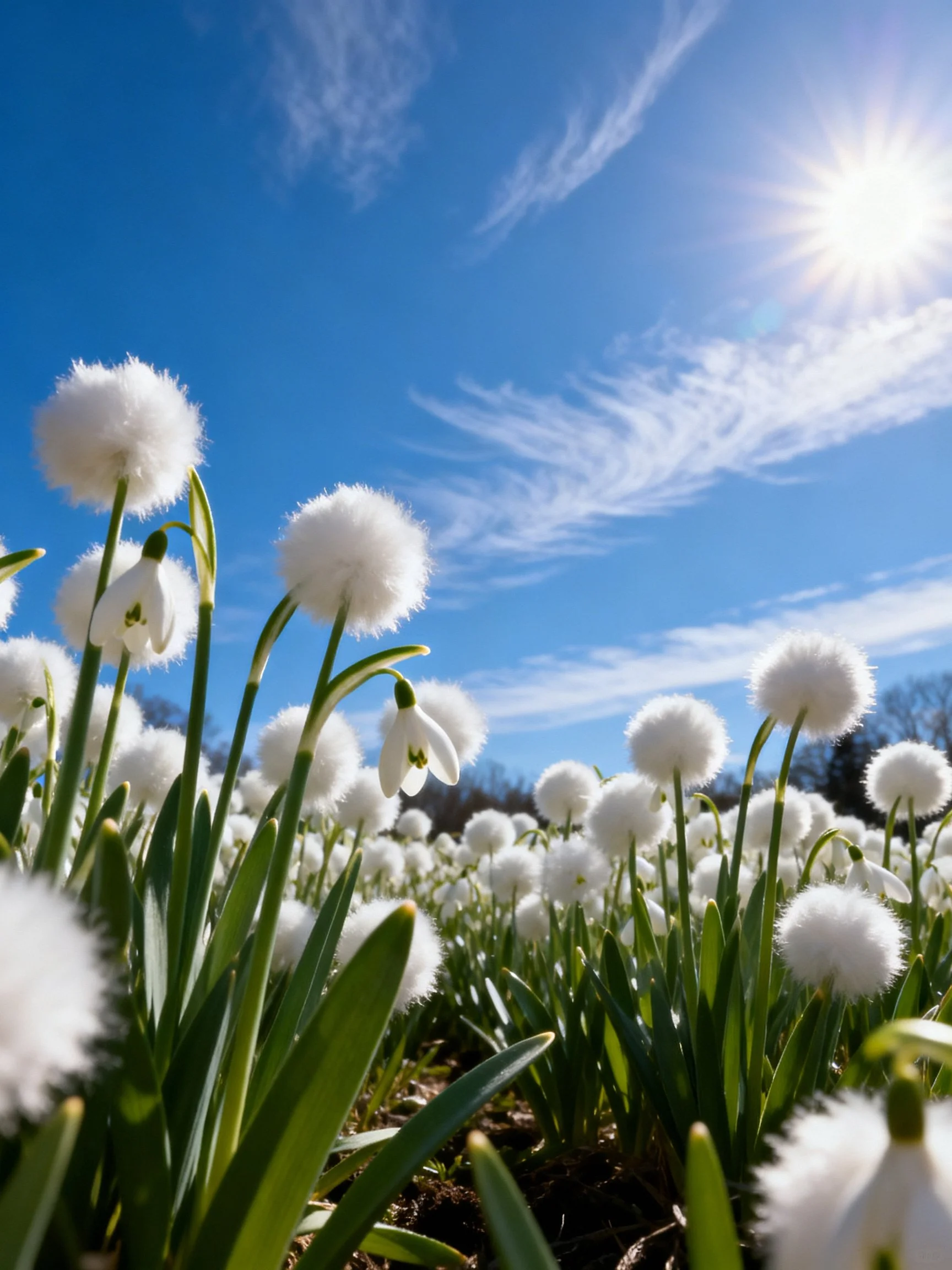White fluffy flowers bloom under bright blue sky with shining sun